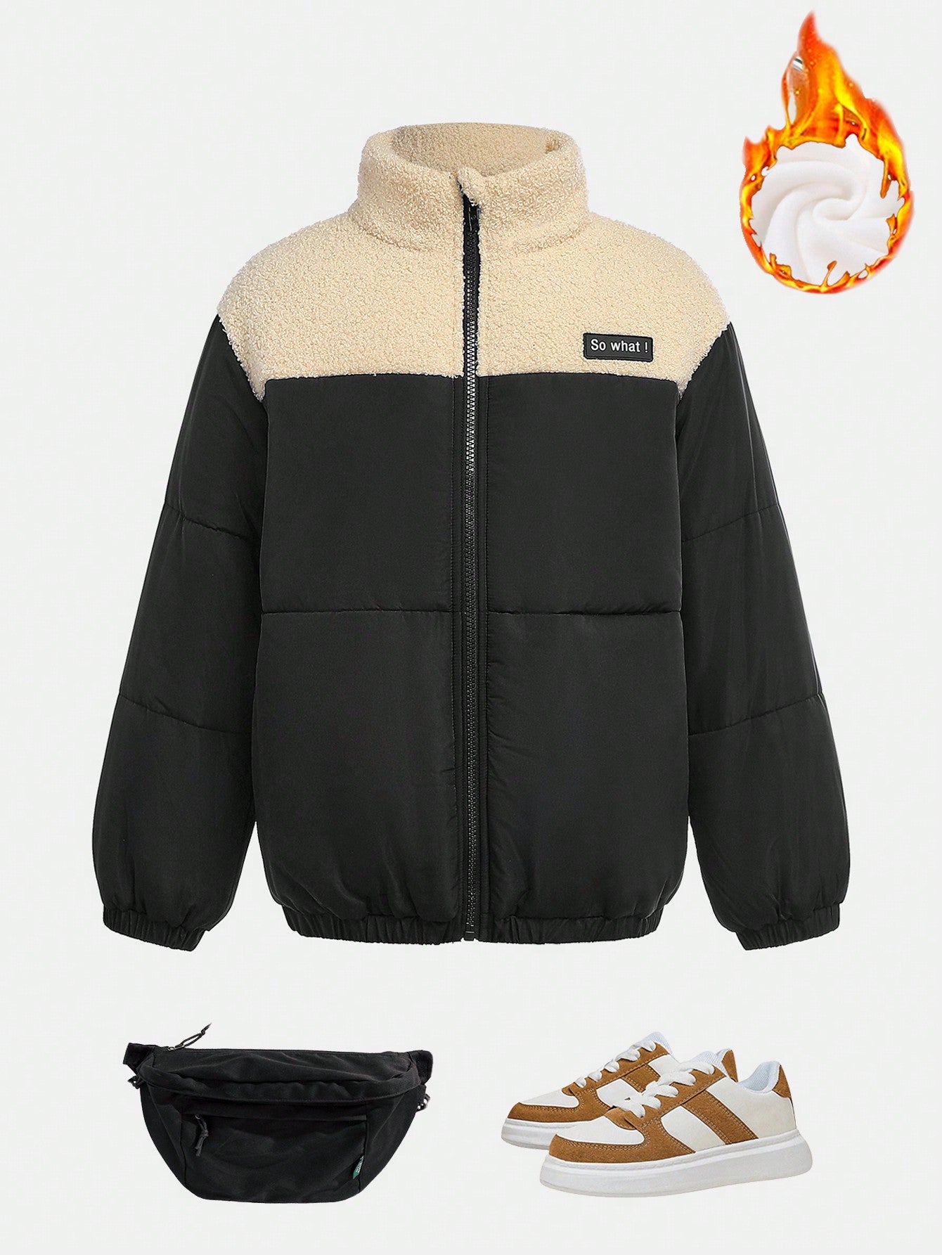 Tween Boys Casual Fleece Padded Coat With Plush Collar, Zipper Front And Long Sleeve, Thick And Warm Woven Padded Coat