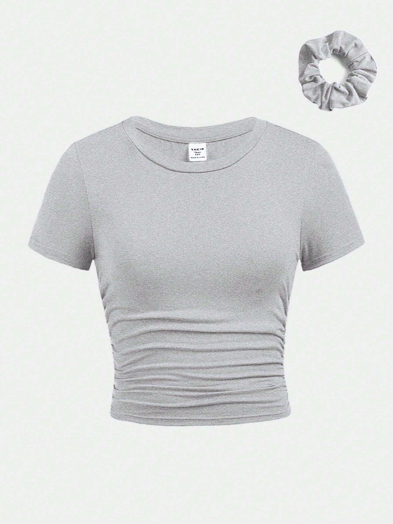 Tween Girl Slim Fit Casual Round Neck Short Sleeve T-Shirt With Side Pleats And Hair Tie