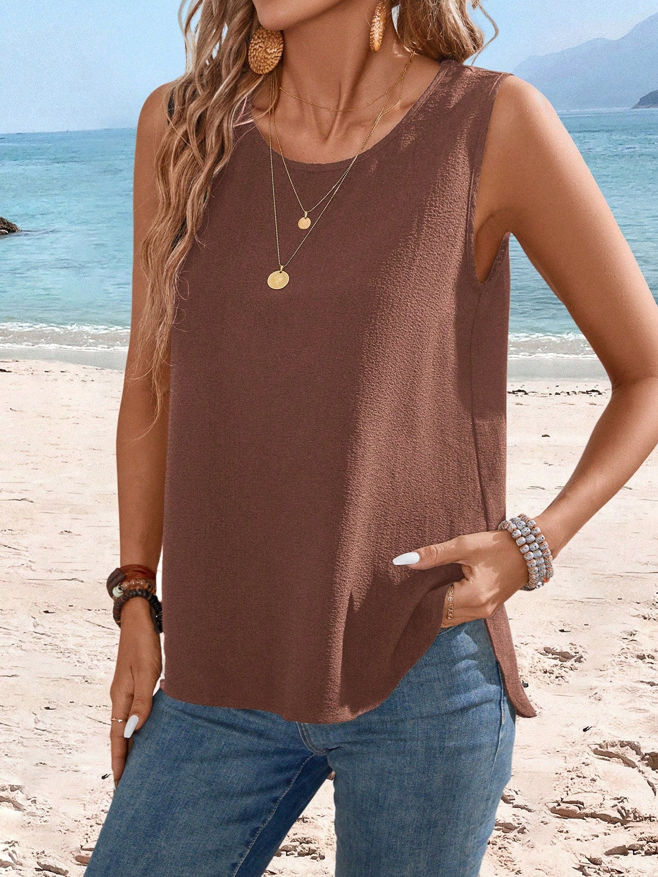 Women's Solid Color Basic Sleeveless Shirt For Daily Wear