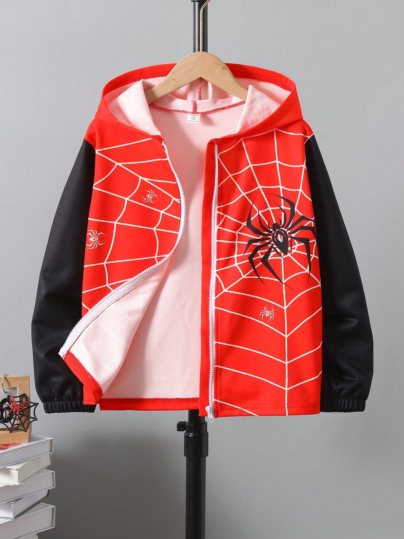 Tween Boy Colorblock Spider Web Printed Hooded Jacket, Spring Autumn