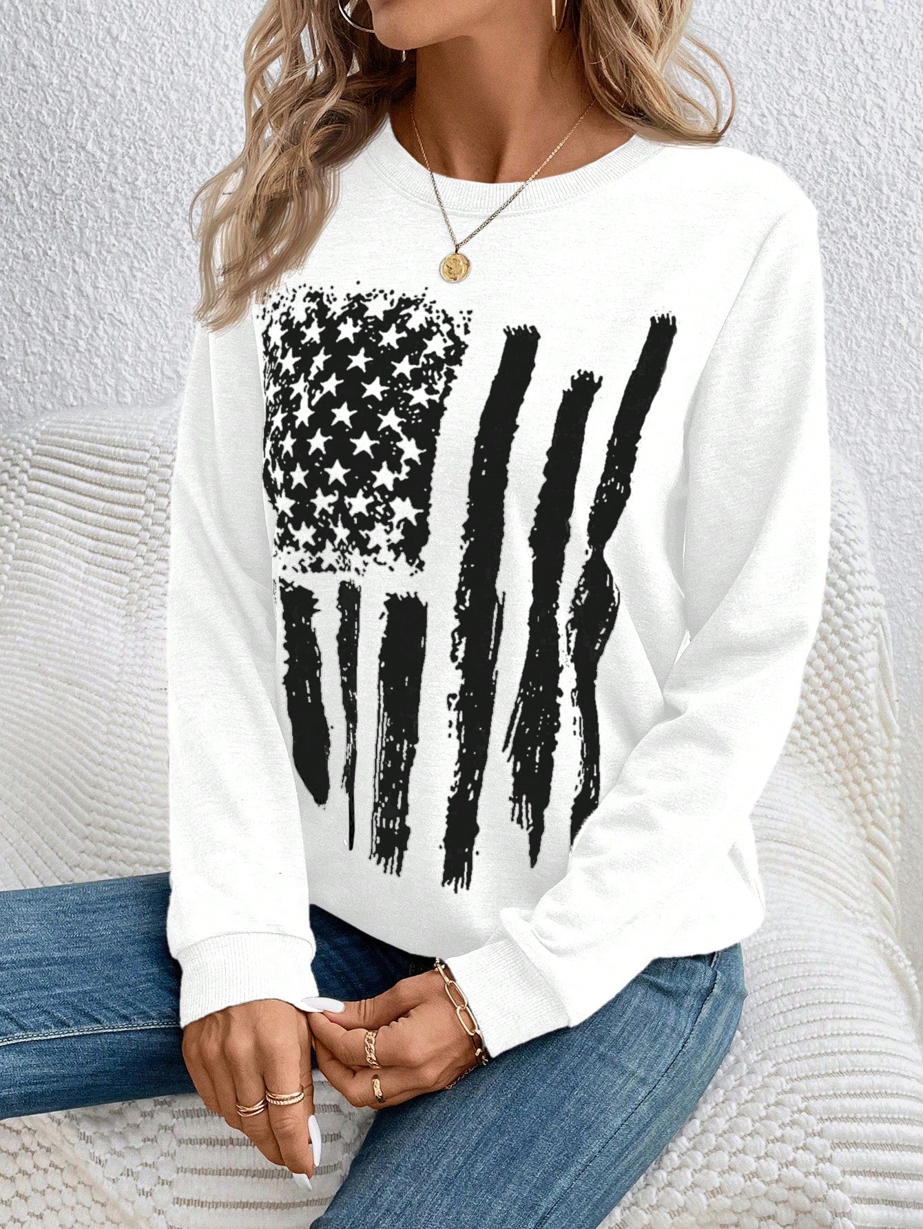 Women's Usa Flag Print Round Neck Sweatshirt