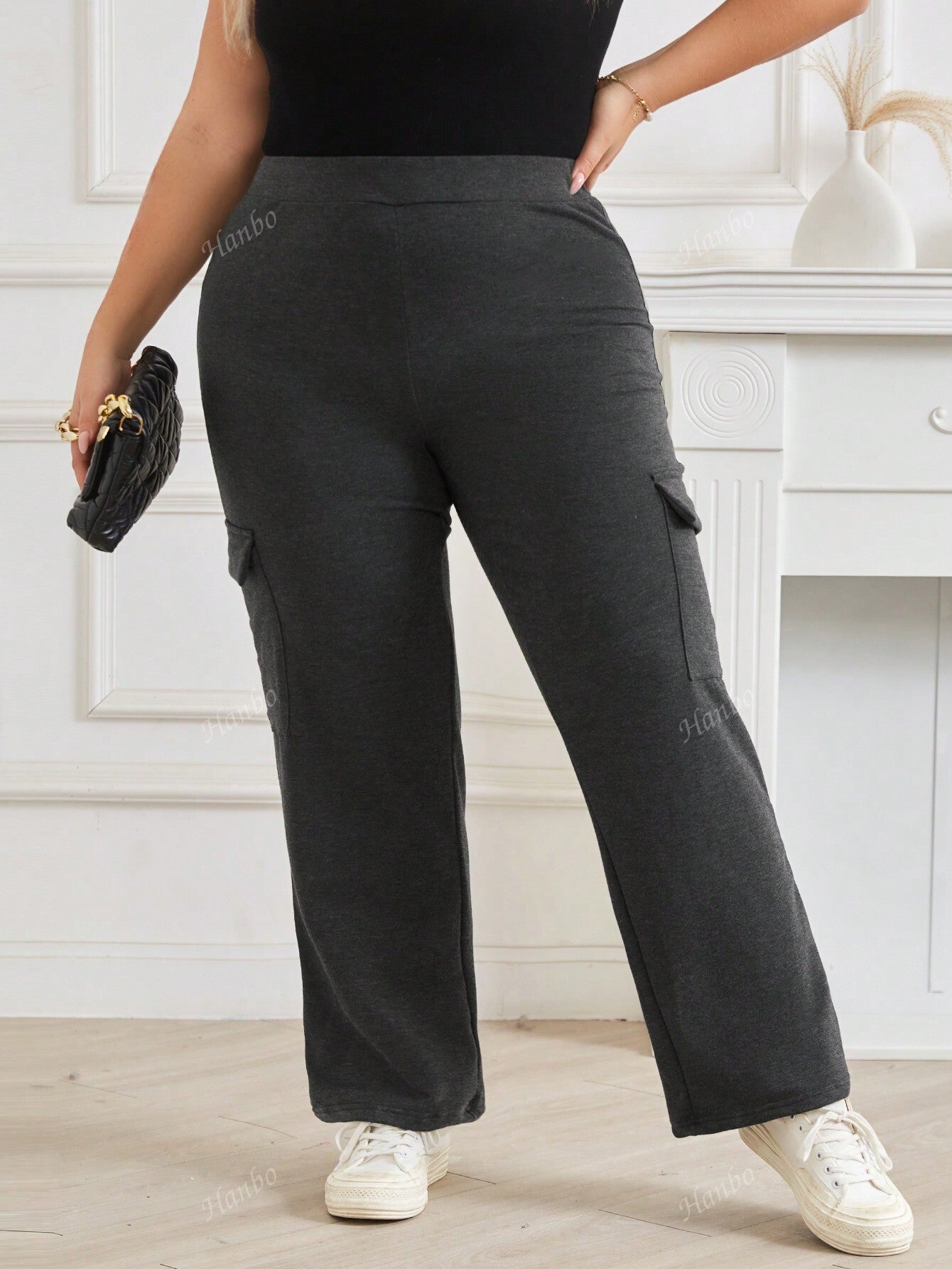 Plus Size Solid Color Pants With Flap Pocket