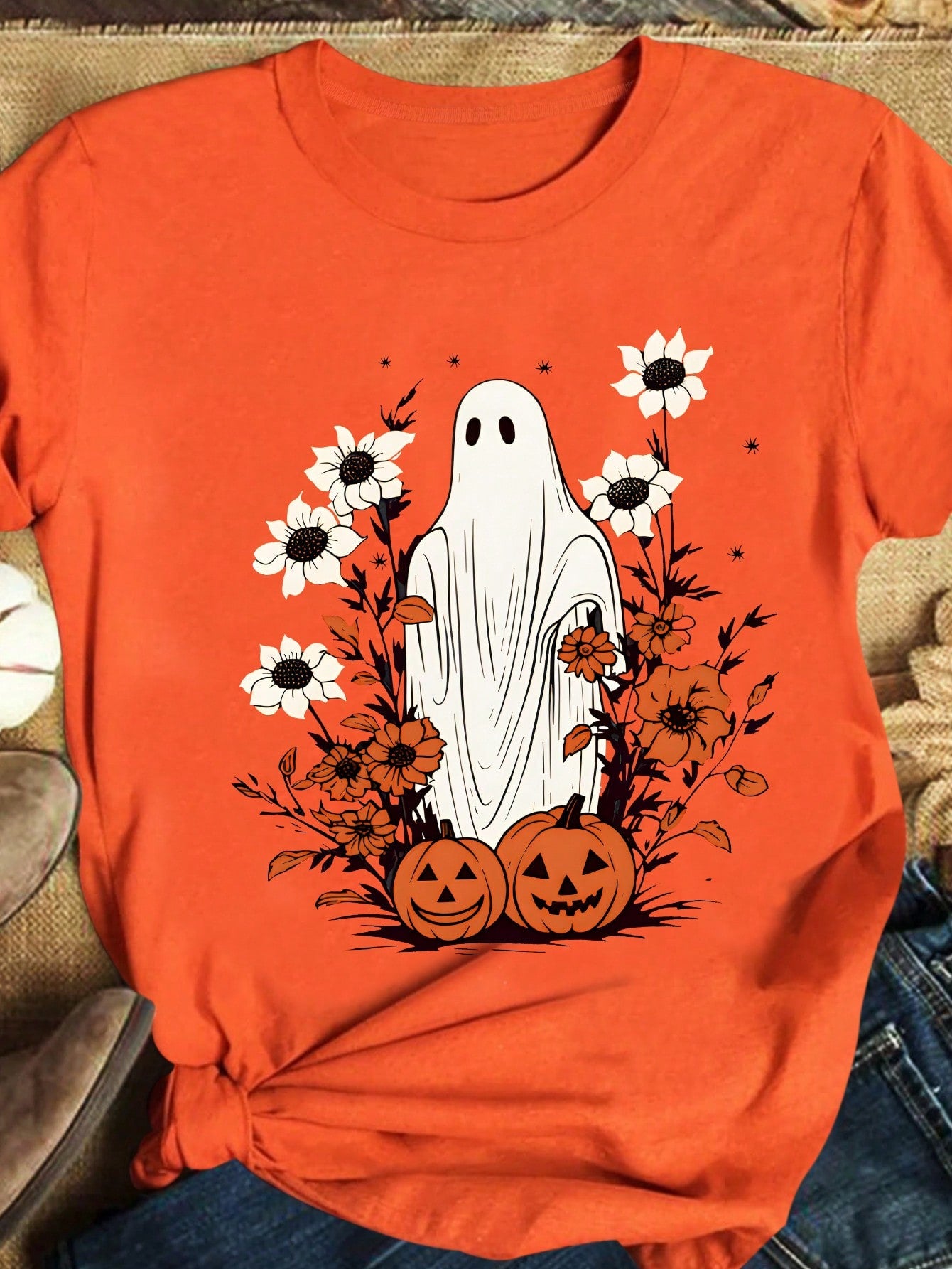 Plus Size Ghost & Pumpkin Print Round Neck Short Sleeve T-Shirt, Summer