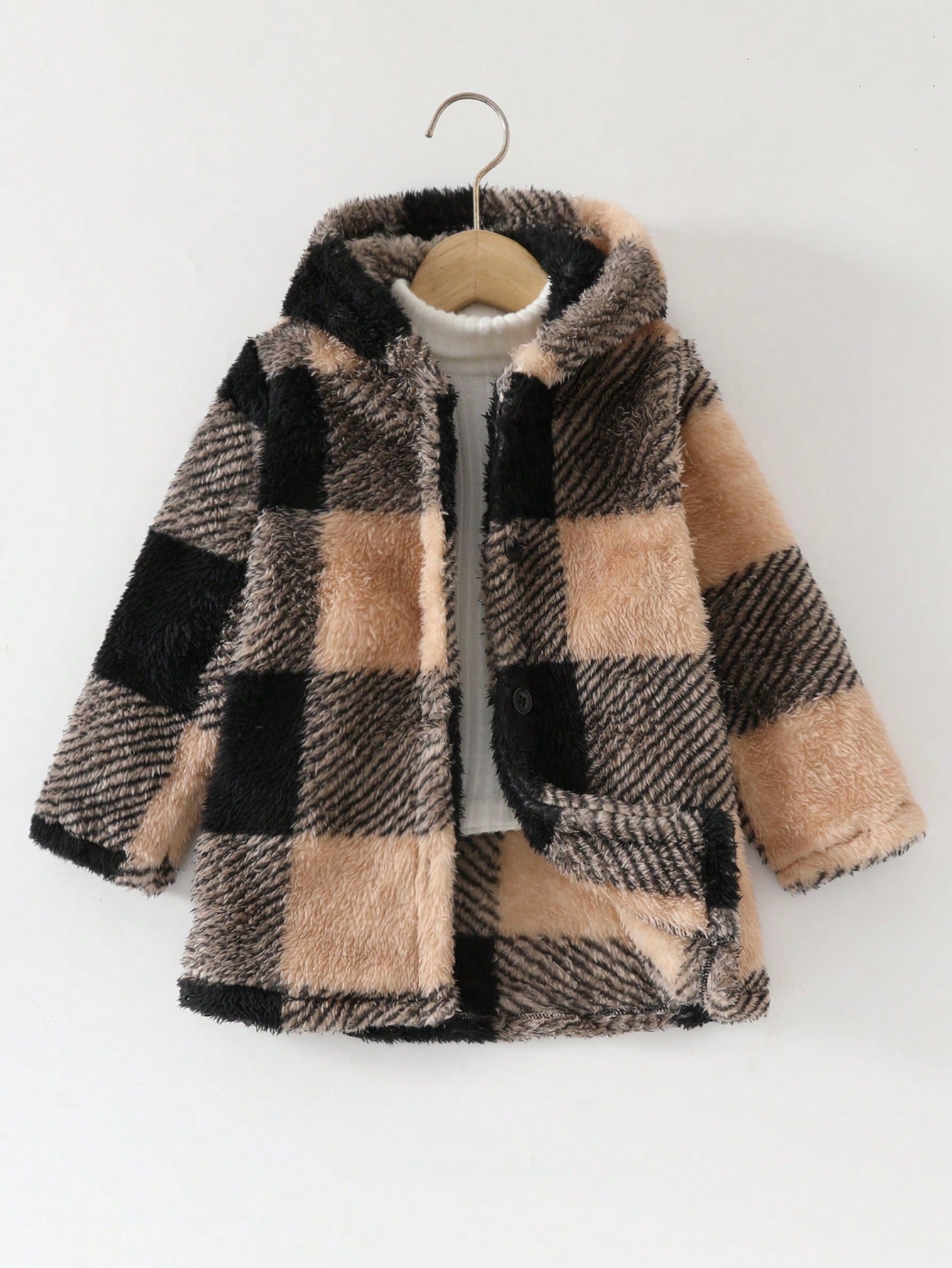 Young Girl Buffalo Plaid Print Hooded Teddy Coat Without Pullover