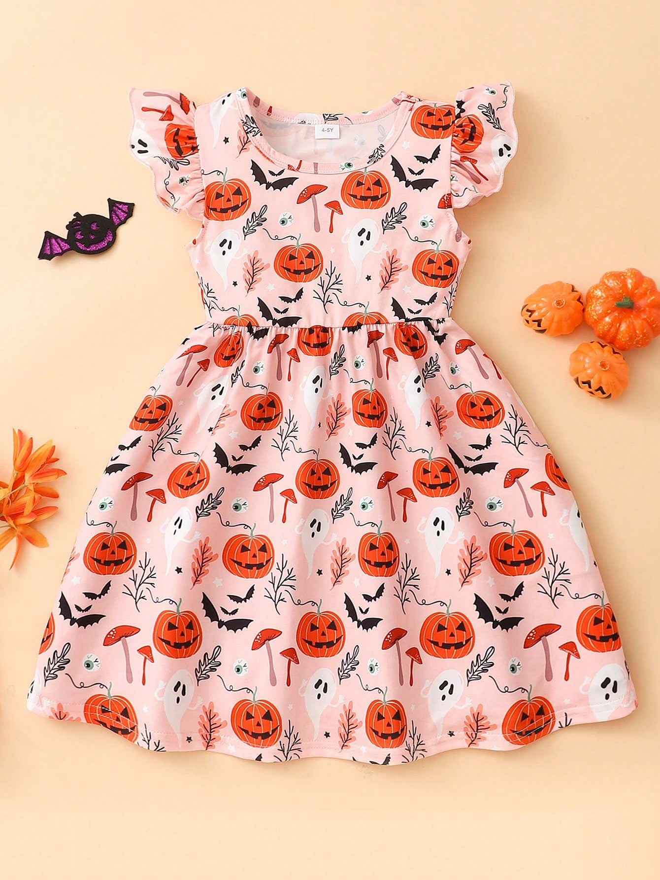 Girls Halloween Pumpkin Print Casual Dress With Flying Sleeves