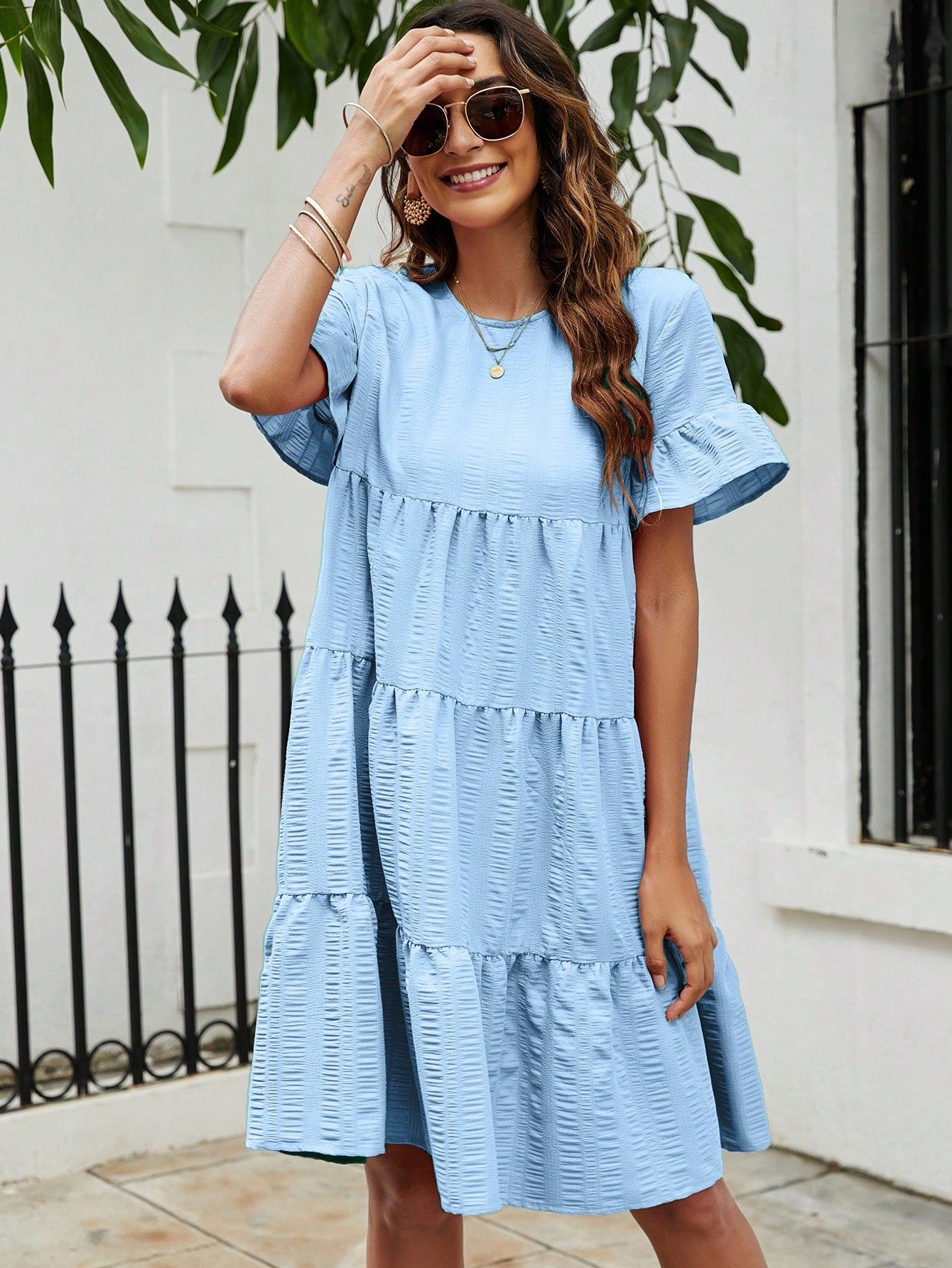 Flare Sleeve Ruffle Hem Smock Dress