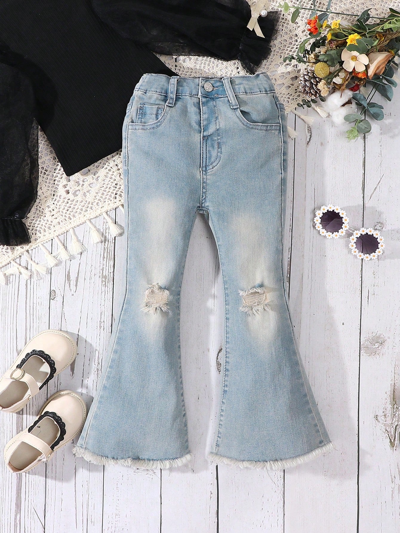 Young Girl Y2K Street Boho Western Cat Whisker Ripped Fully Elastic Waist Flare Jeans