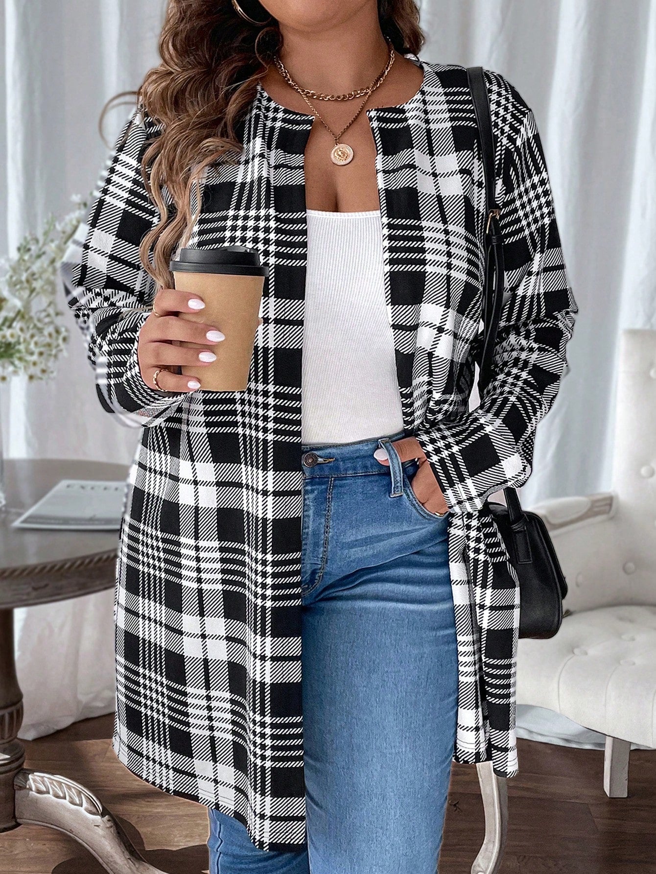 Plus Houndstooth Print Open Front Coat