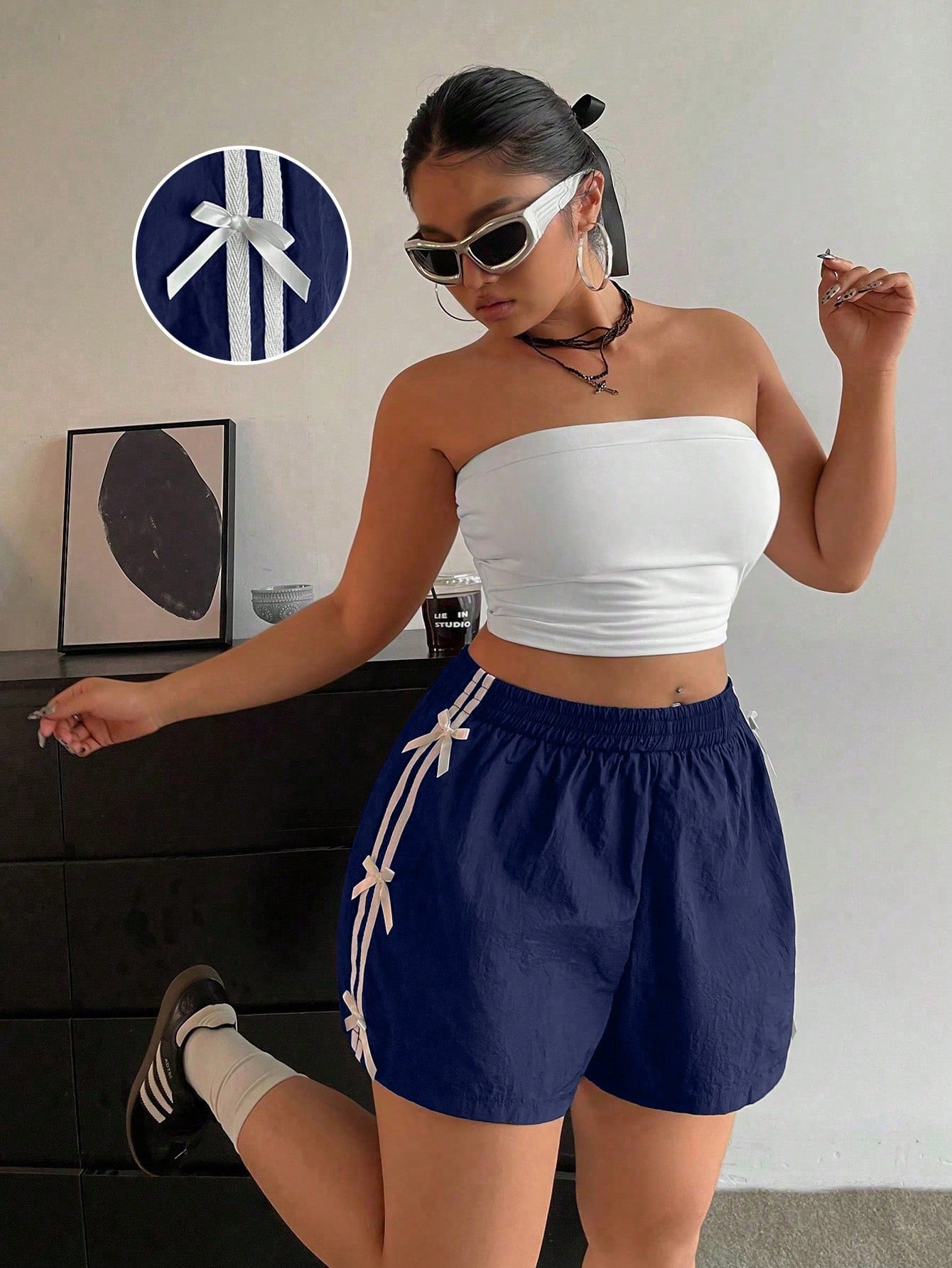 Plus Size Side Striped Bow Tie Casual Summer Shorts