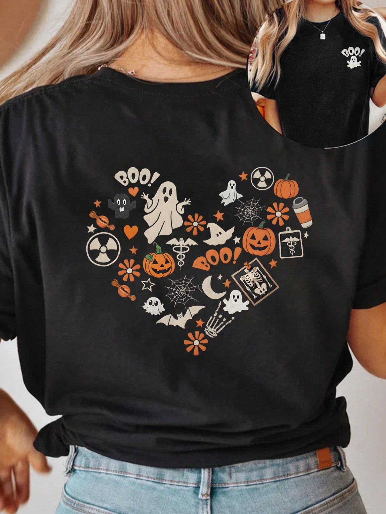 Relaxiva Cute Halloween Ghost Graphic T-Shirt, Pumpkin Halloween Short Sleeve Casual Tee