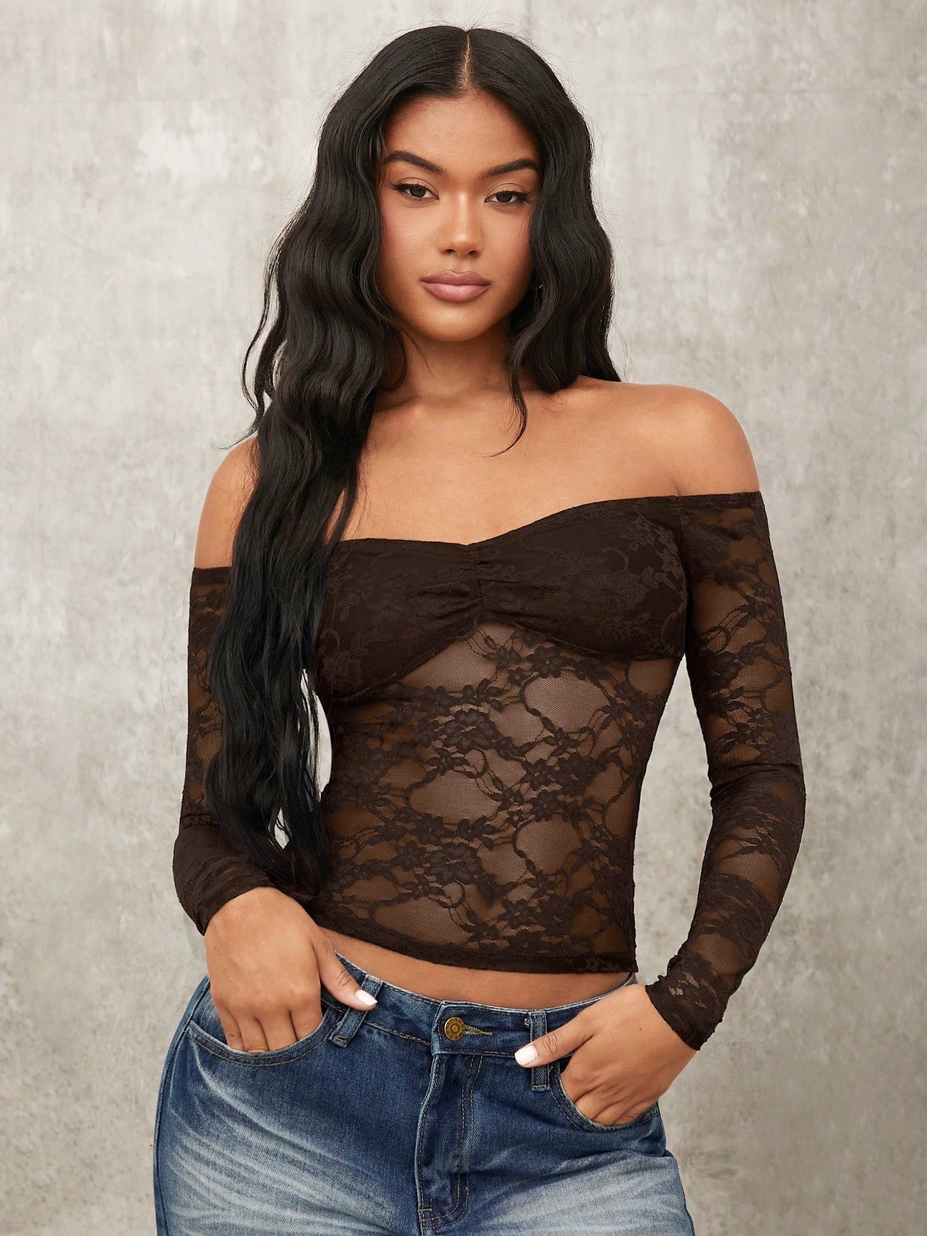 Romantic Date Sexy Long Sleeve Solid Color Lace See-Through Off-Shoulder Women's Top, Summer