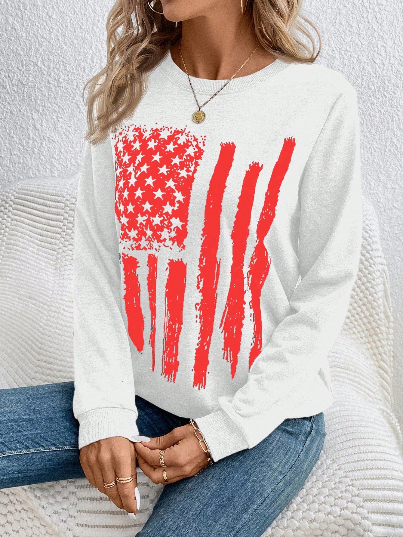 Women's Usa Flag Print Round Neck Sweatshirt