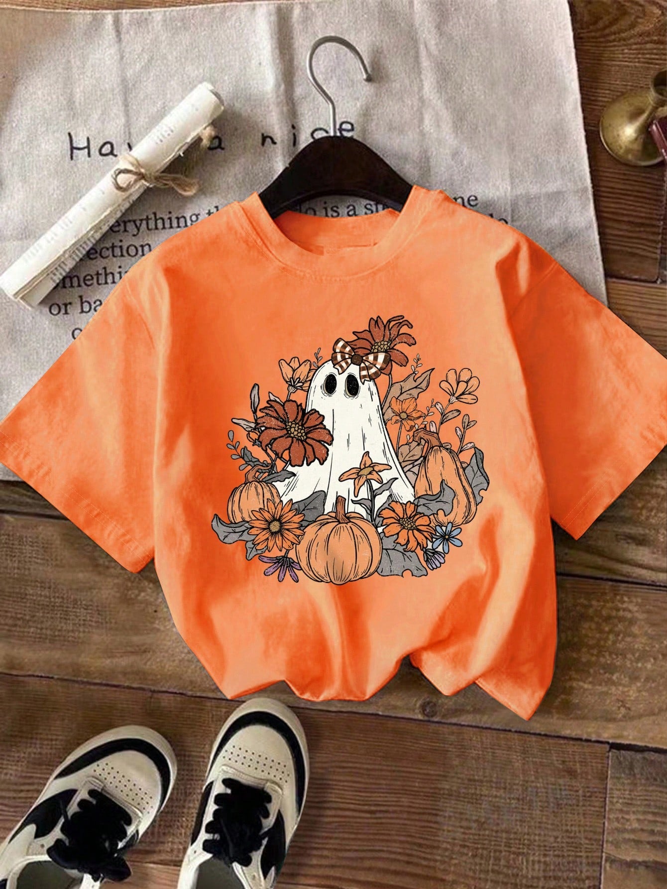 Women Pumpkin Ghost Print Round Neck Short Sleeve T-Shirt