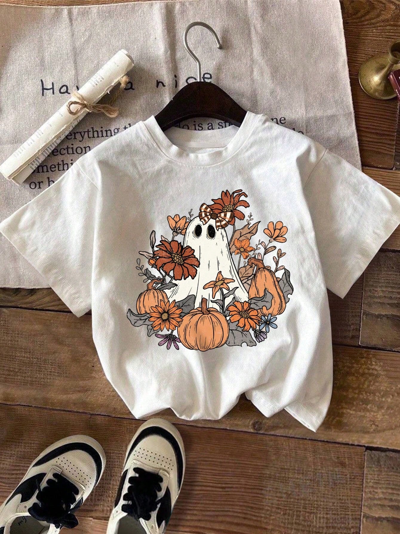 Women Pumpkin Ghost Print Round Neck Short Sleeve T-Shirt