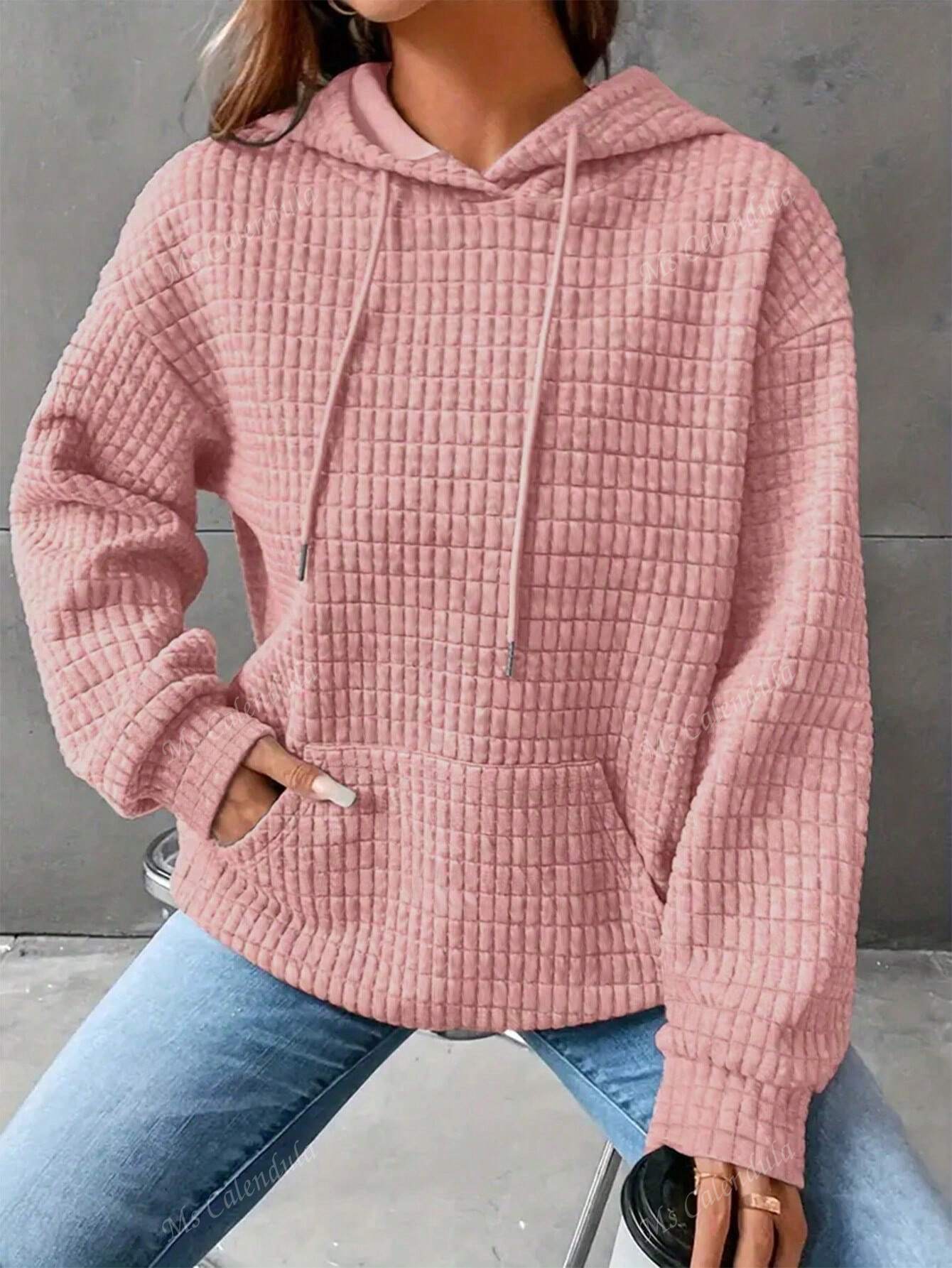 Plus Size Women's Loose Fit Pullover Hoodie With Long Sleeve And Patchwork Waffle Grid Design For Commuting