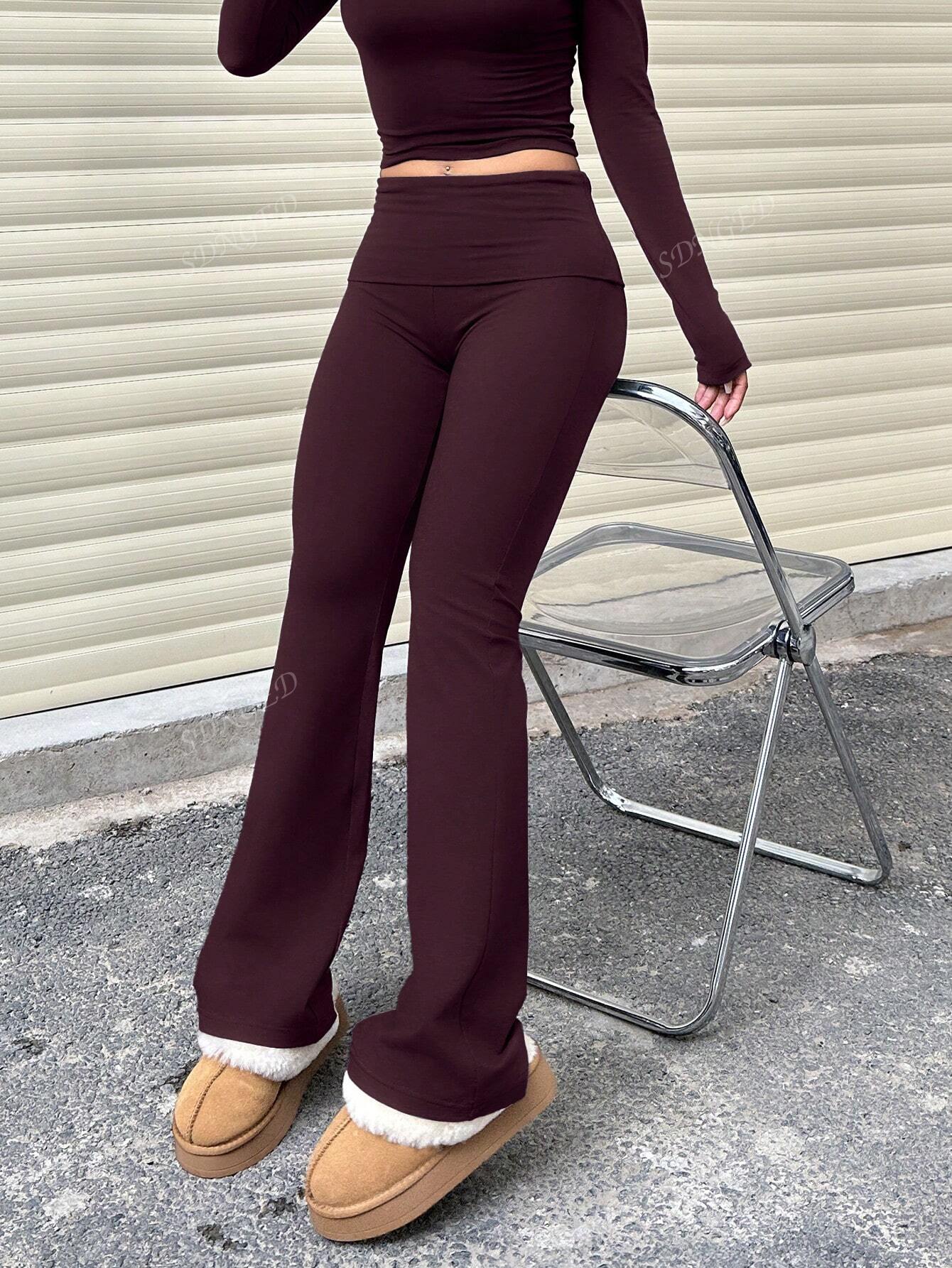 Women Casual Solid Color High Waisted Slim Fit Flared Bottom Pants