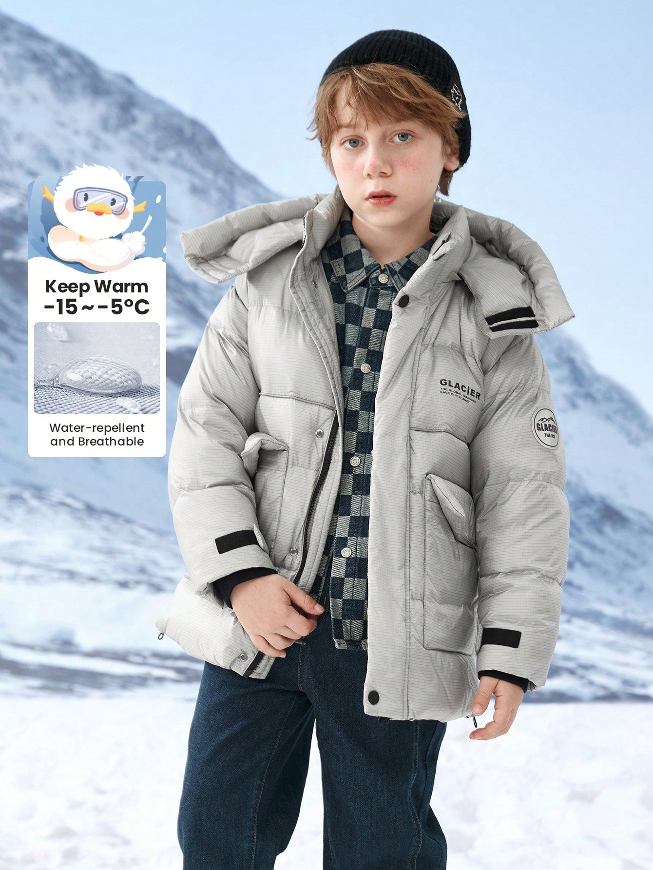 Tween Boy Flap Pocket Letter Patched Windproof And Waterproof Hooded Thermal Down Coat For Outdoors