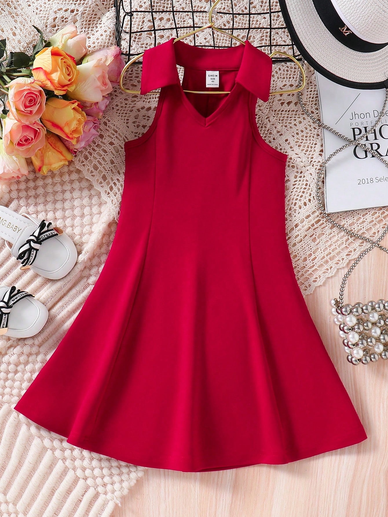 Young Girl Casual V-Neck Sleeveless Knitted Dress, Solid Color A-Line And Simple Design School Outfit