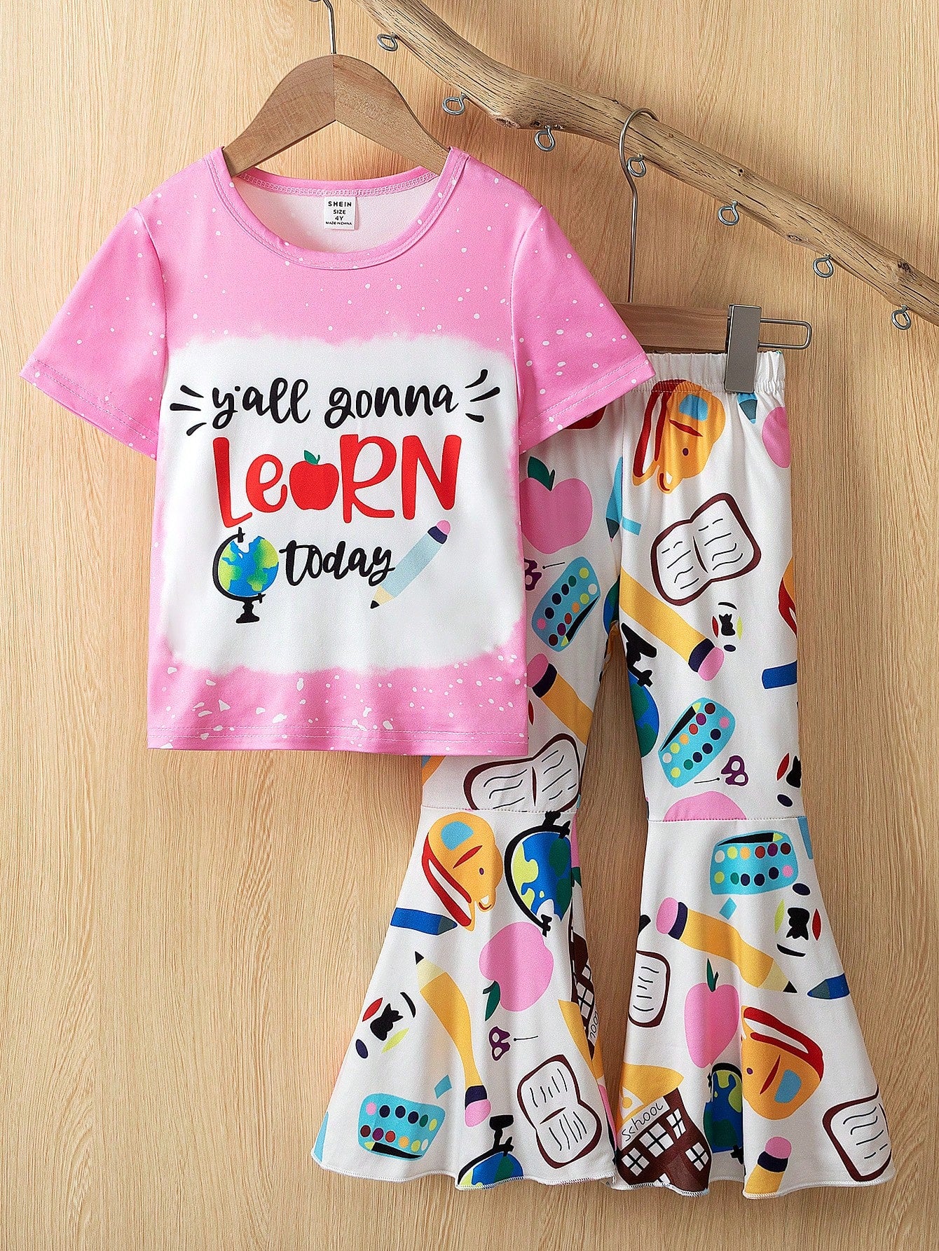 Young Girl Cartoon & Letter Graphic Tee & Flare Leg Pants