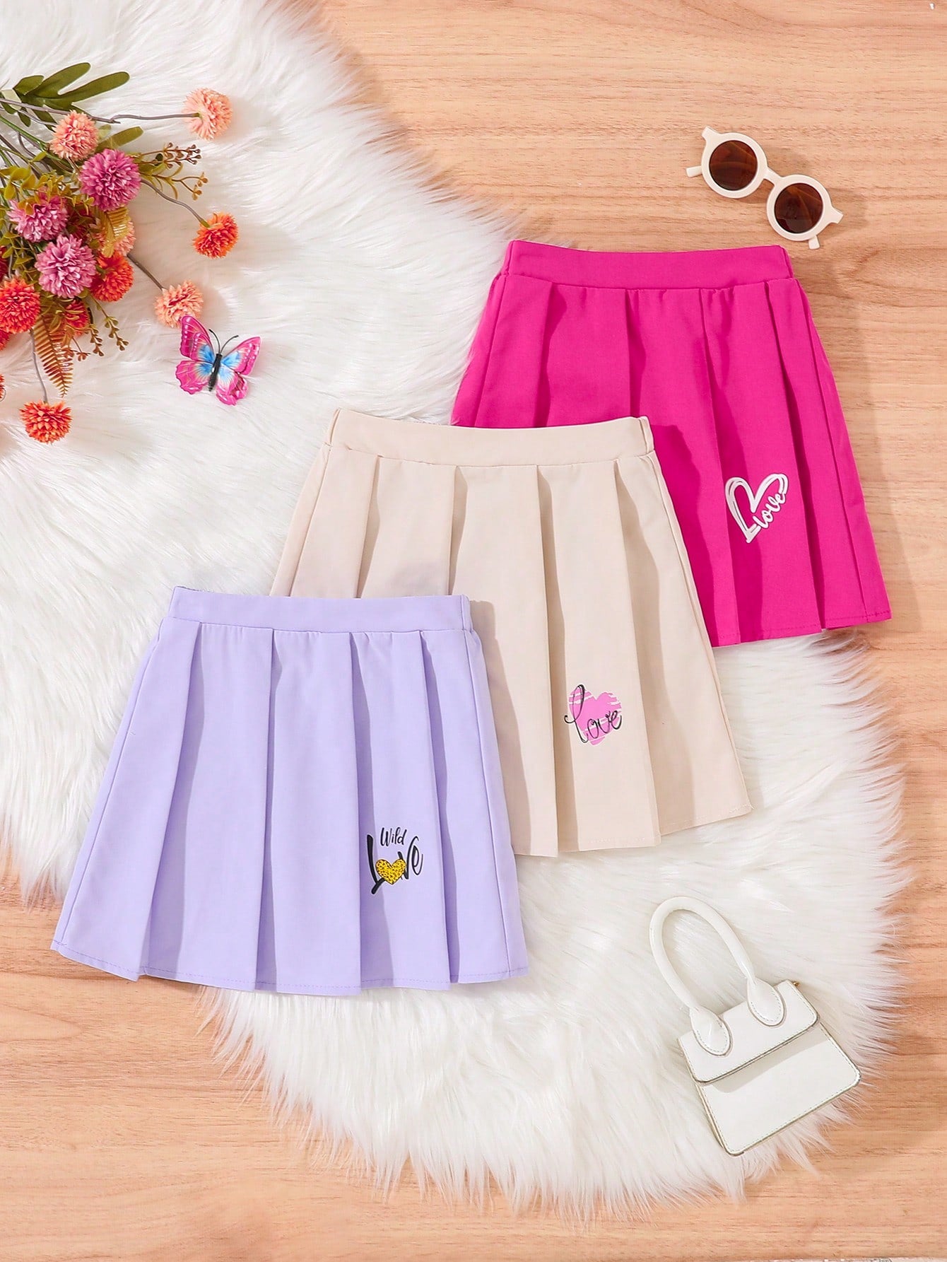 Young Girl 3pcs/Set Casual Heart Print Fashionable Pleated Skirt For Summer Party