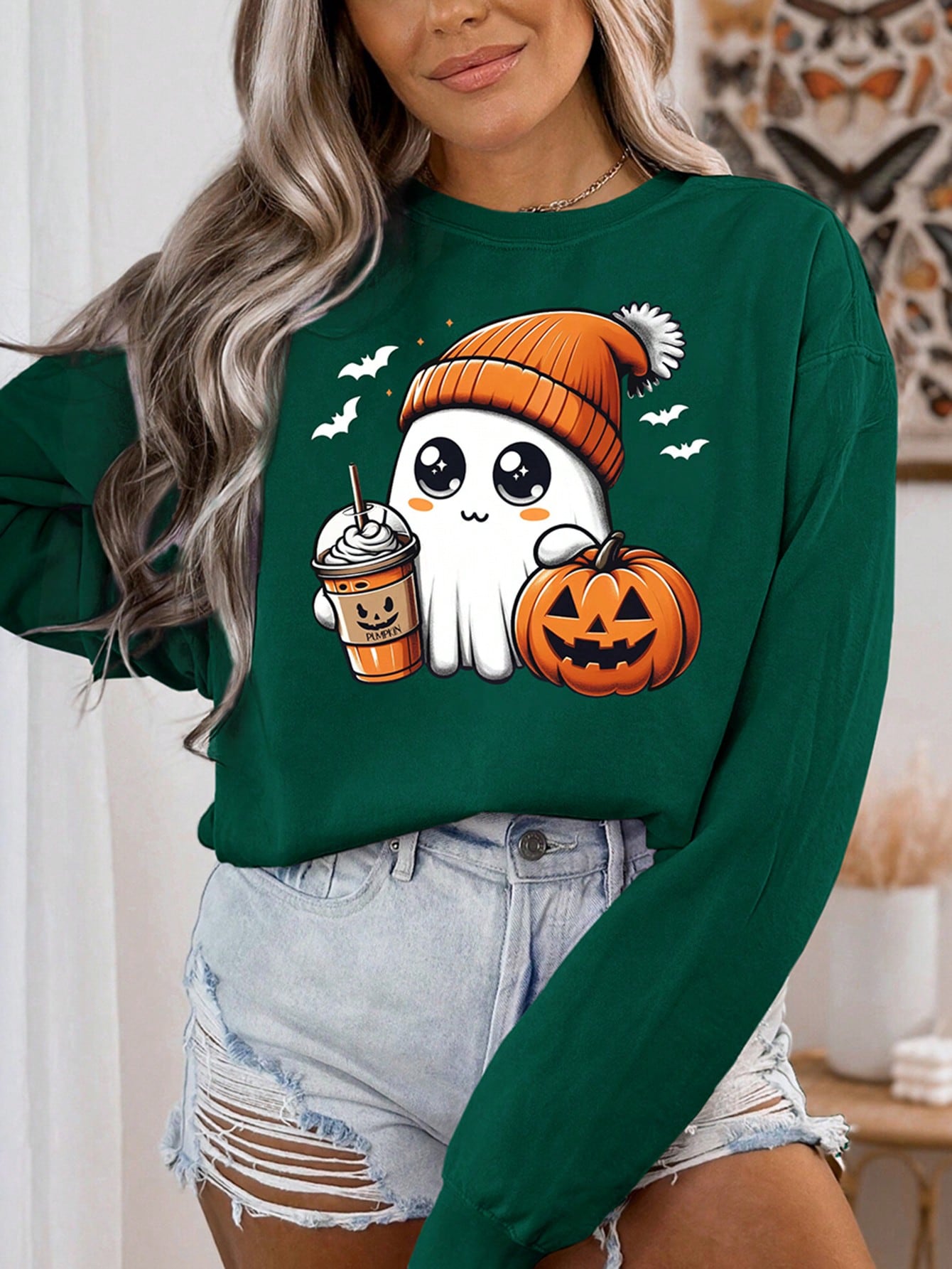 Cartoon Ghost & Pumpkin Print Crew Neck Sweatshirt