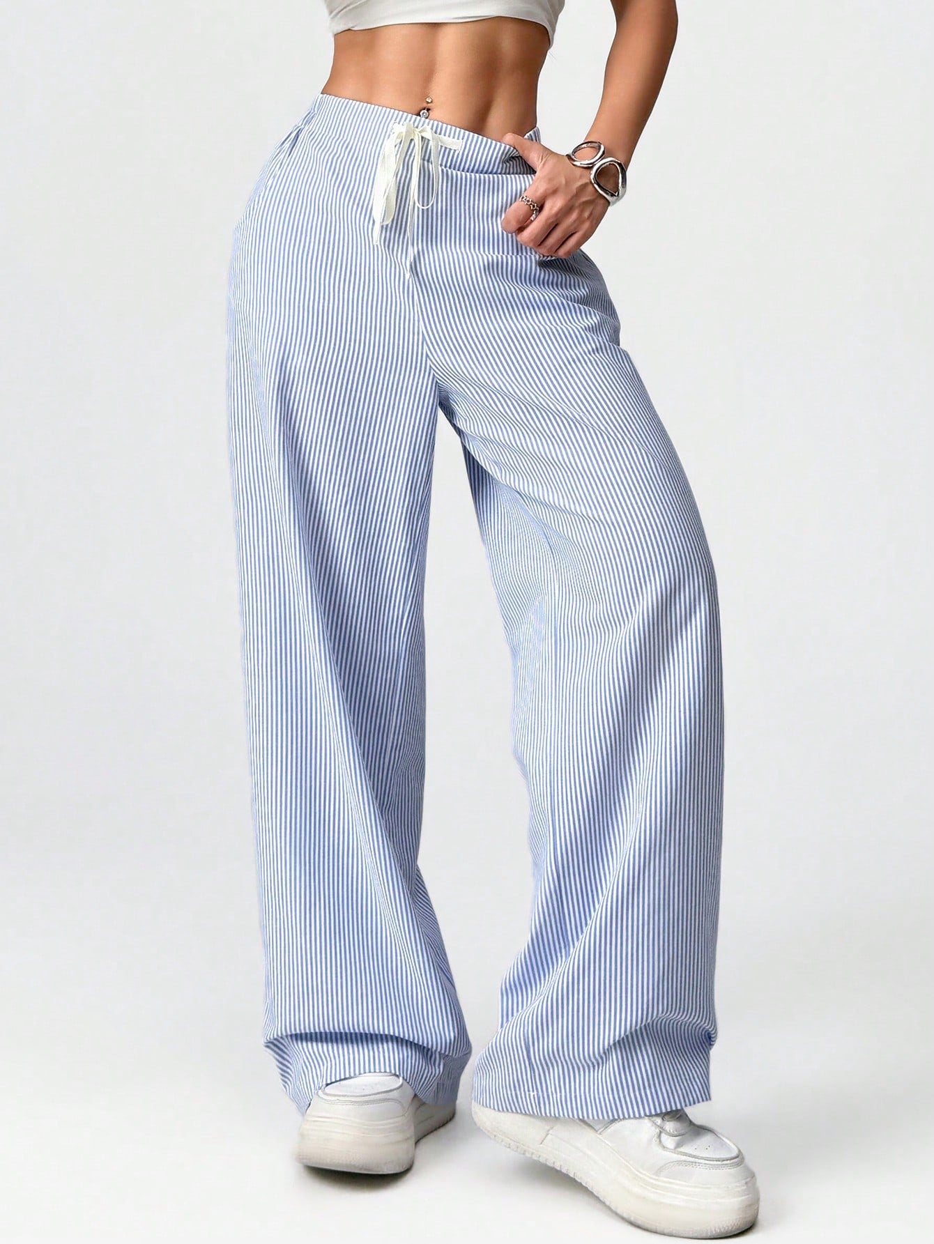 Cotton Loose Straight Drawstring Waist Slant Pocket Pants