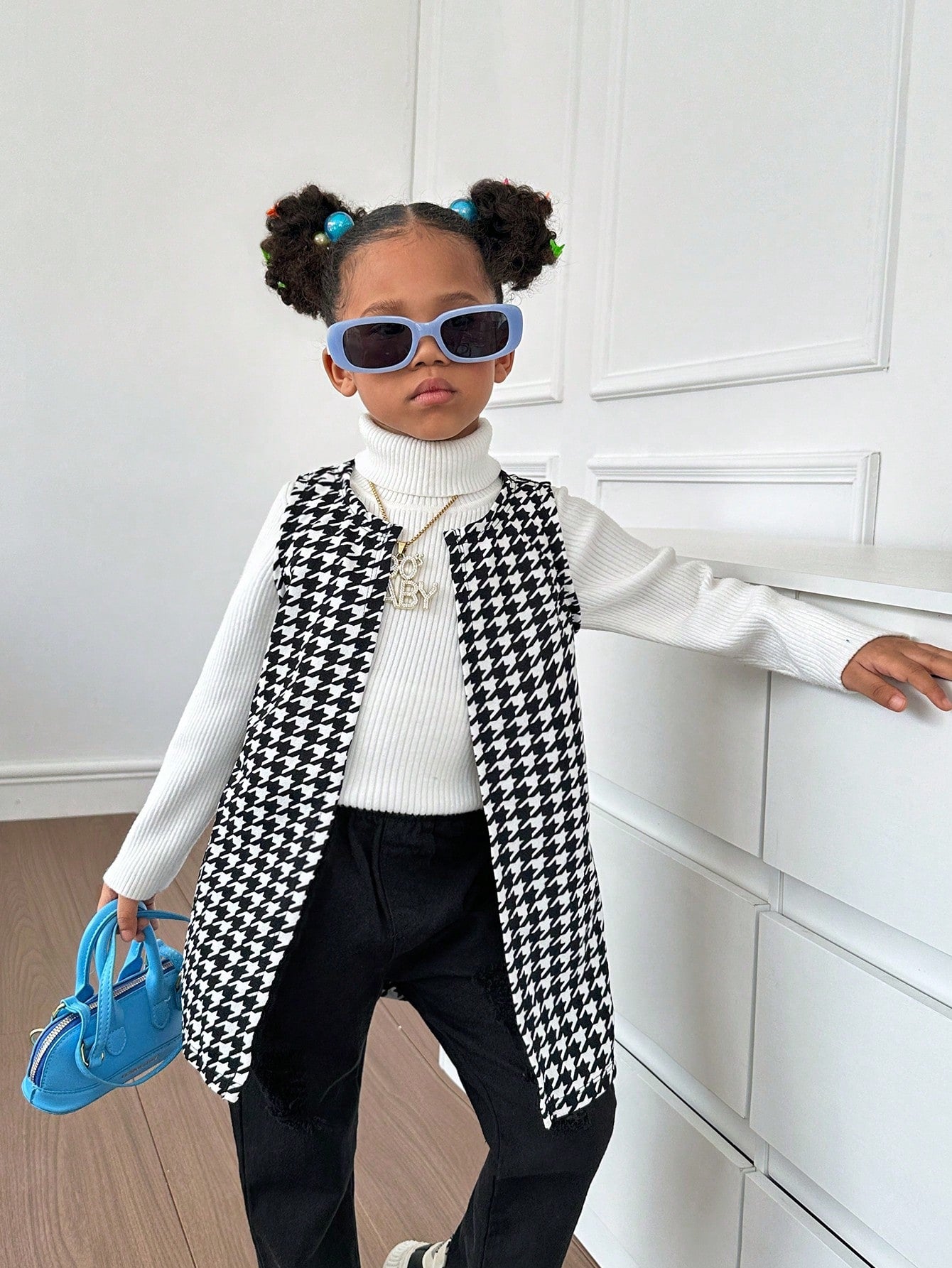 Young Girl Houndstooth Print Open Front Vest Coat