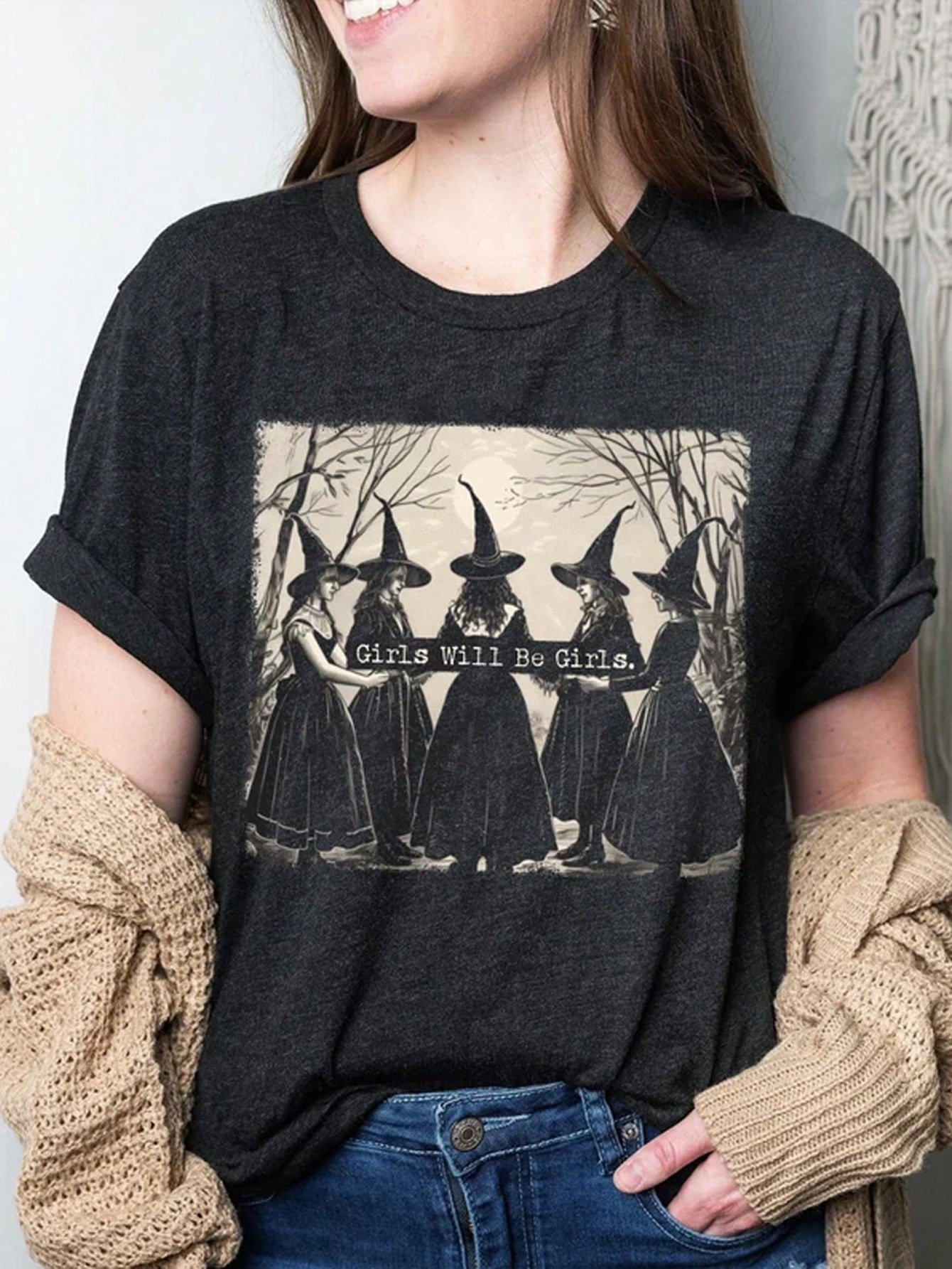 Bella Canvas "Girls Will Be Girls" Witch Graphic T-Shirt, Halloween Vintage Witch Tee, Witchy Vibes Shirt, Retro Halloween Tee For Women