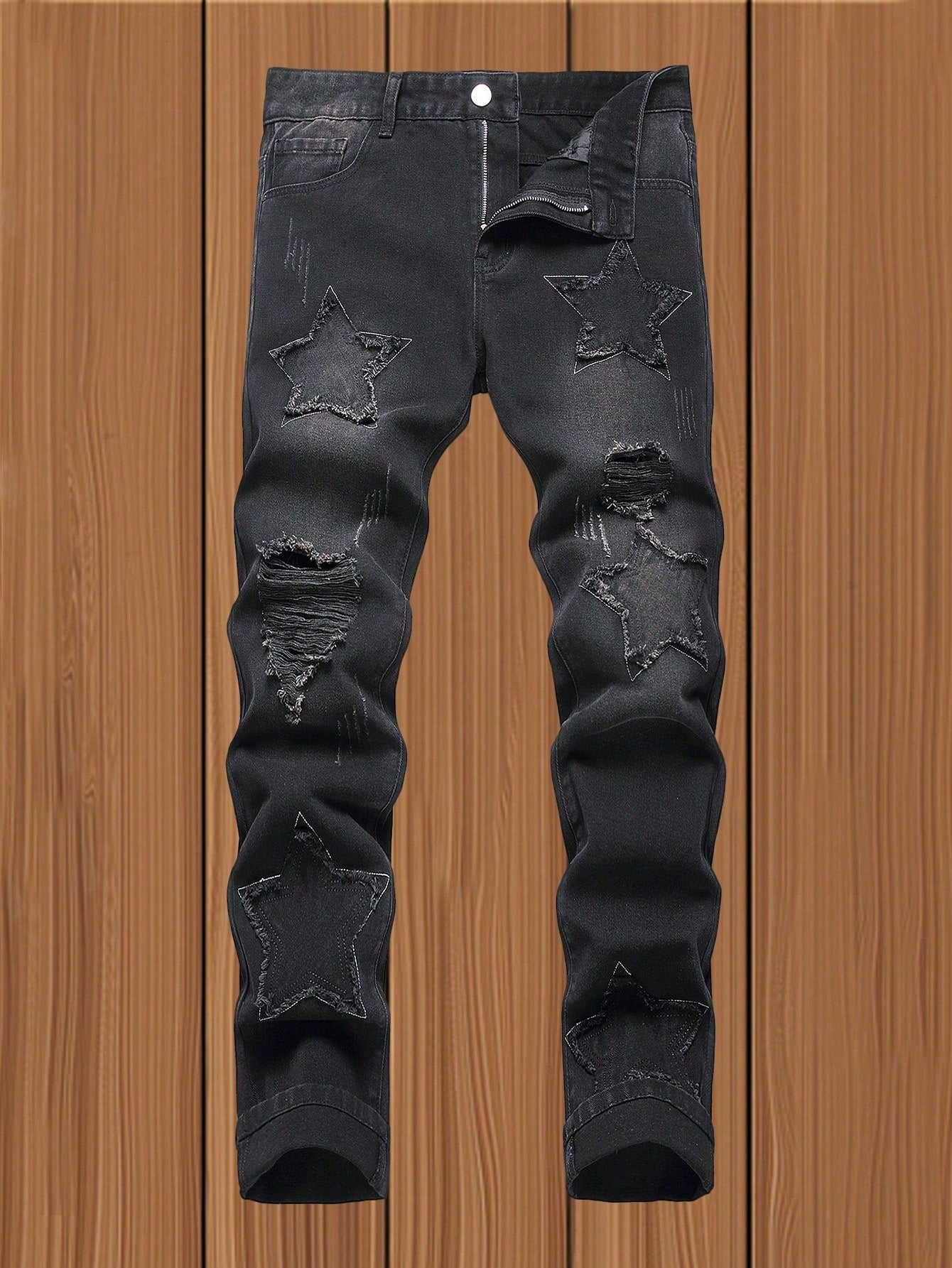 Teenage Boys' Black Straight-Leg Skinny Distressed Jeans With Star Embroidery