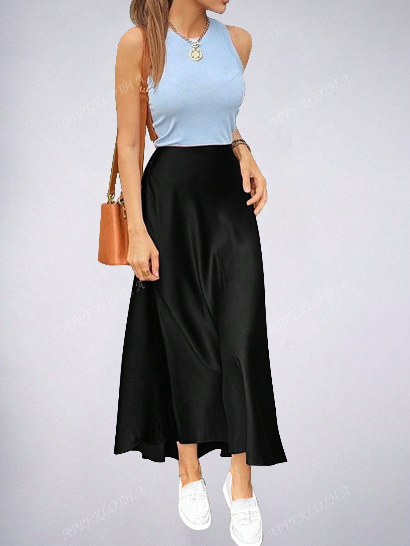 A Elastic High Waist Satin Zipper Back Mermaid Hem Casual Comfort Skirt Silk Fabric With No Wrinkle