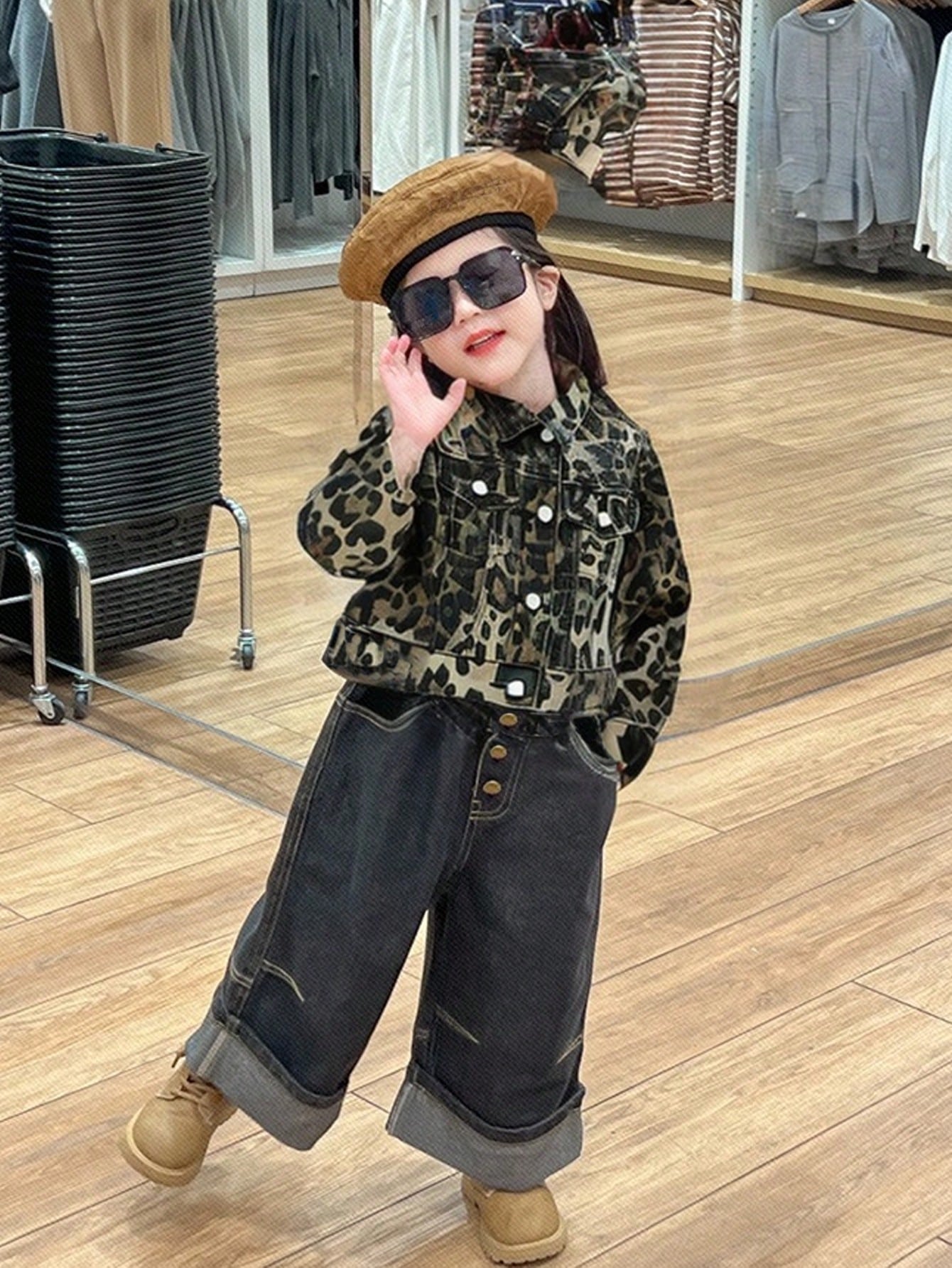 Small Girls Autumn Stylish Leopard Print Short Retro Bomber Jacket Outerwear