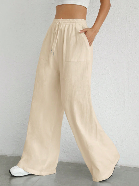 Women's Drawstring Waist Pockets Wide Leg Loose Beige Casual Woven Long Pants