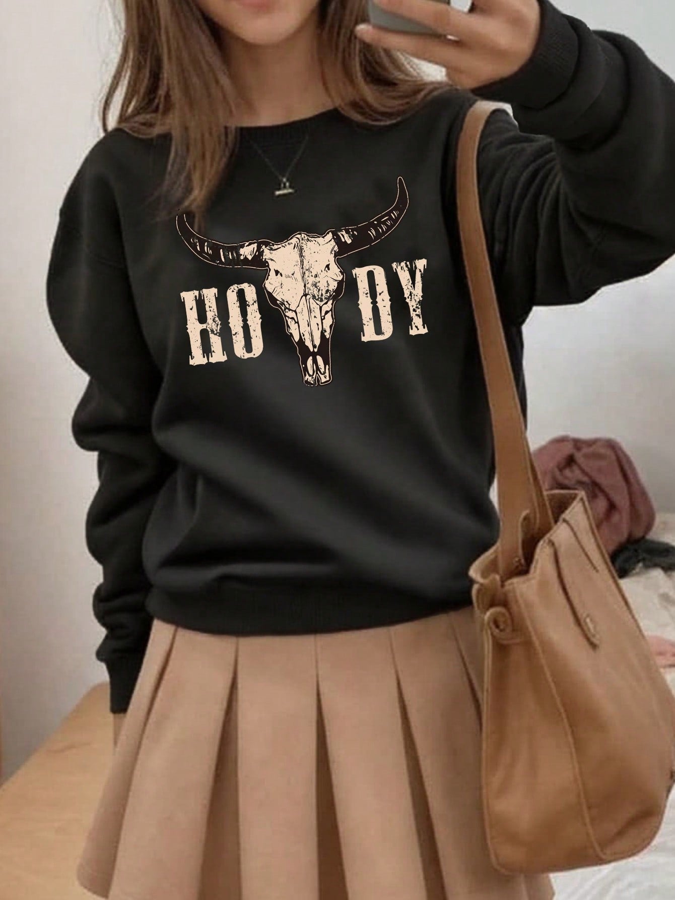 Casual Minimalist Ox Head & Letter Printed Loose Fit Long Sleeve Sweatshirt For Women, Suitable For Home, Outdoor, Travel