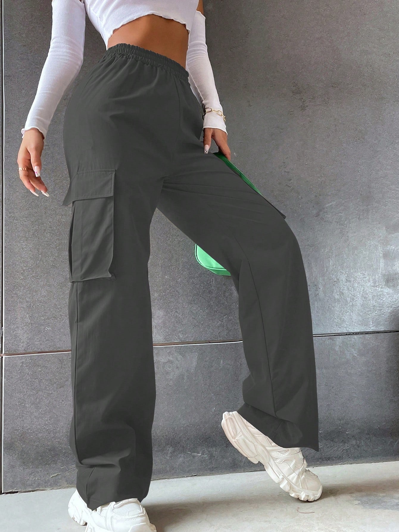 Solid High Waist Flap Pocket Cargo Pants