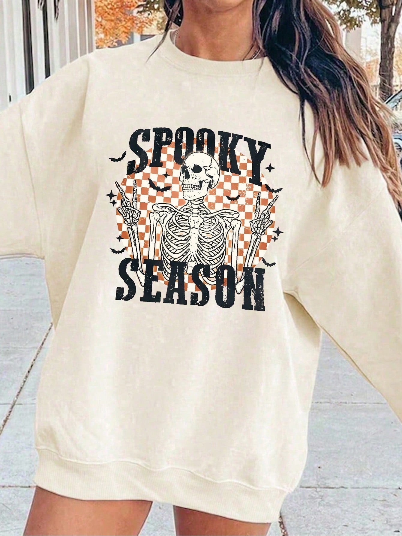 Halloween Skull Print Sweatshirt Vintage Weird Oversized Crew Neck Sweatshirt