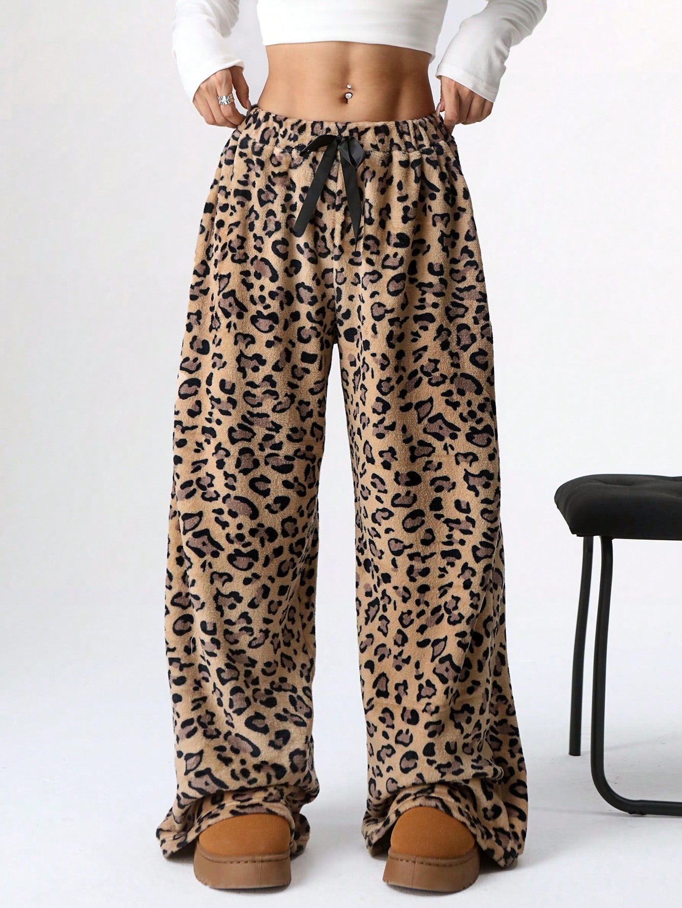 Women's Tie-Waist Fluffy Leopard Print Casual Wide Leg Baggy Pants