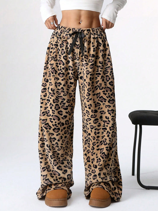 Women's Tie-Waist Fluffy Leopard Print Casual Wide Leg Baggy Pants