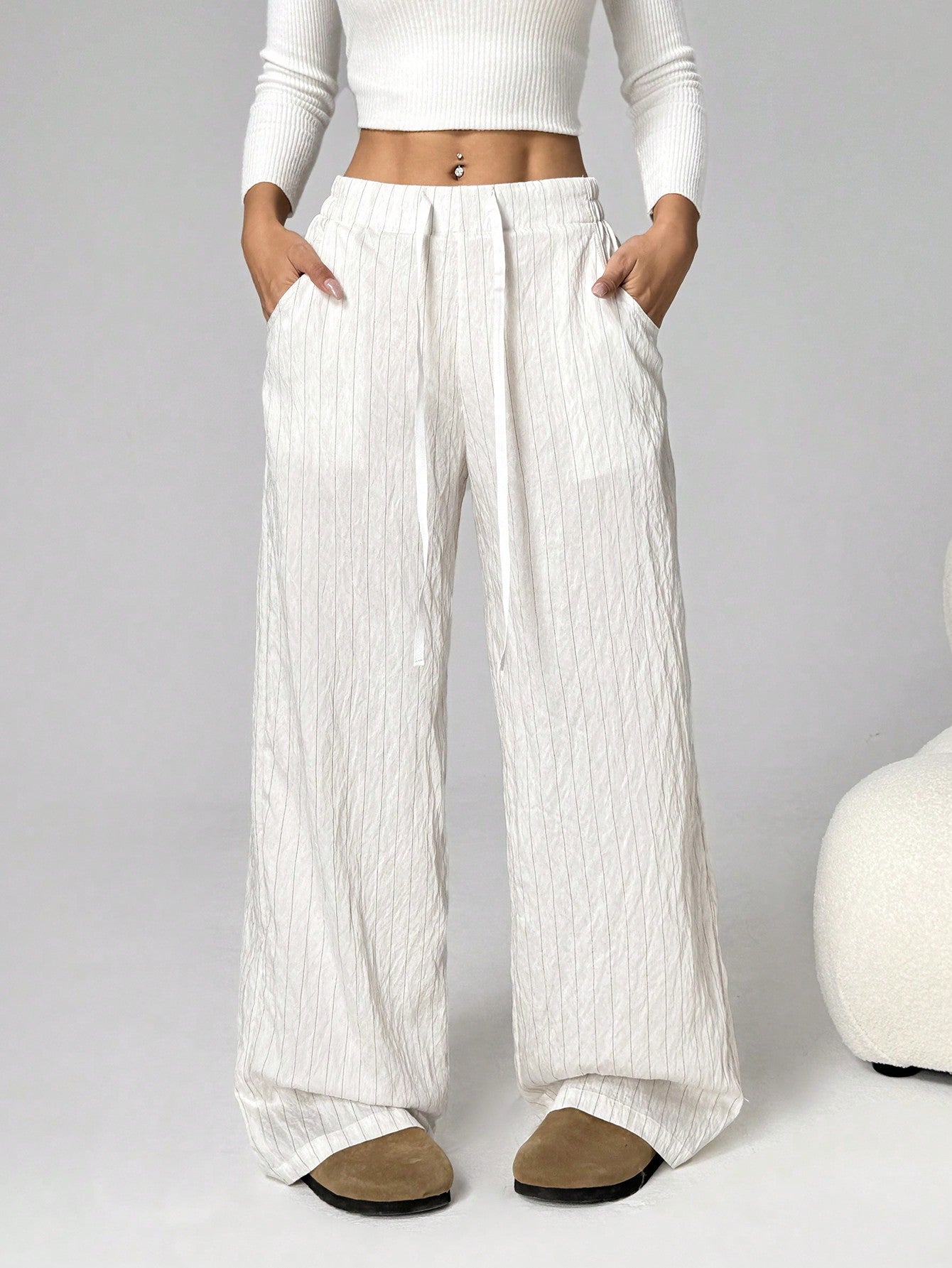 Cotton Loose Straight Drawstring Waist Slant Pocket Pants