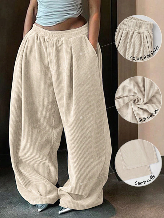 Women's Solid Color Simple Adjustable Waist Casual Baggy Pants