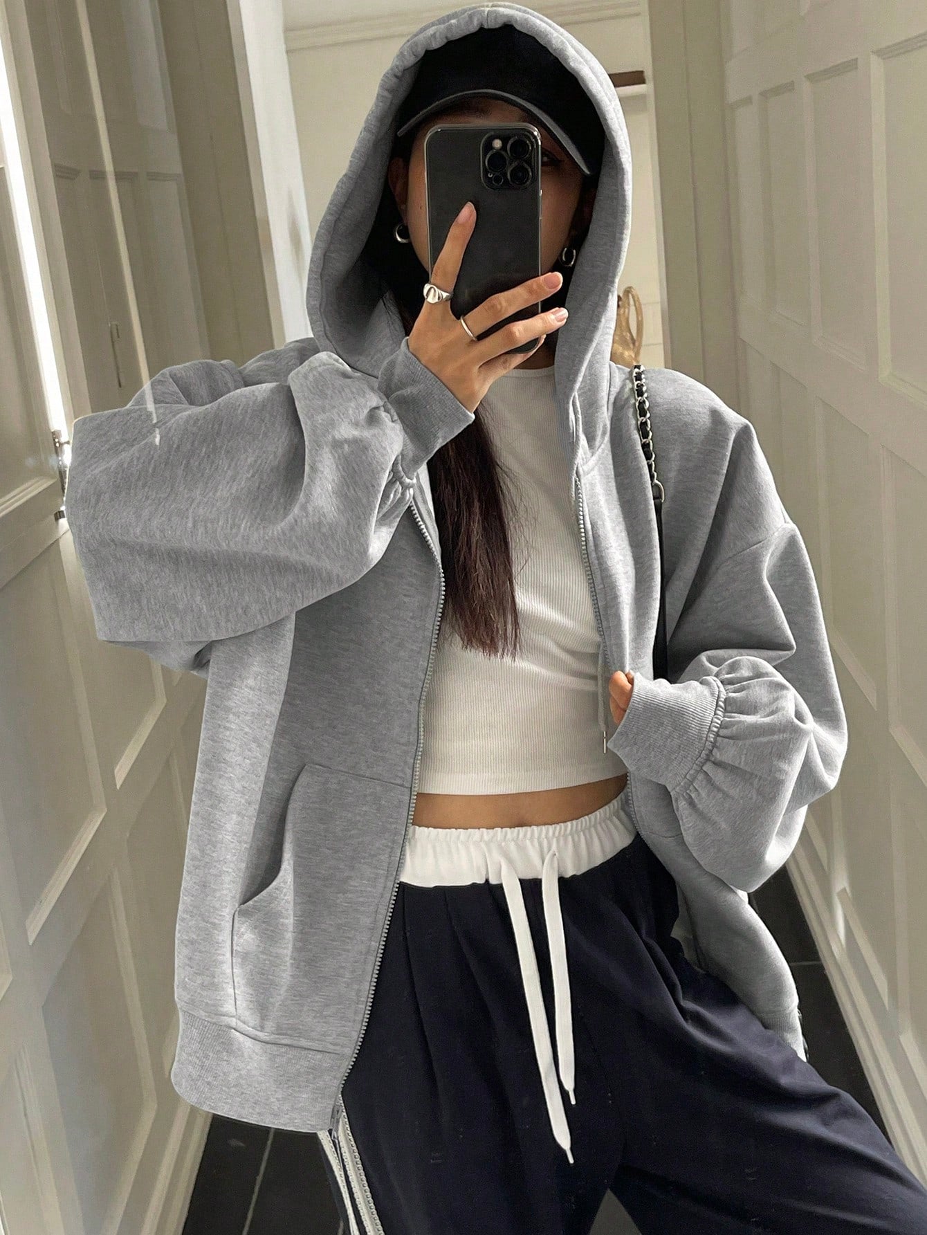 Zip Up Drop Shoulder Drawstring Thermal Lined Hoodie