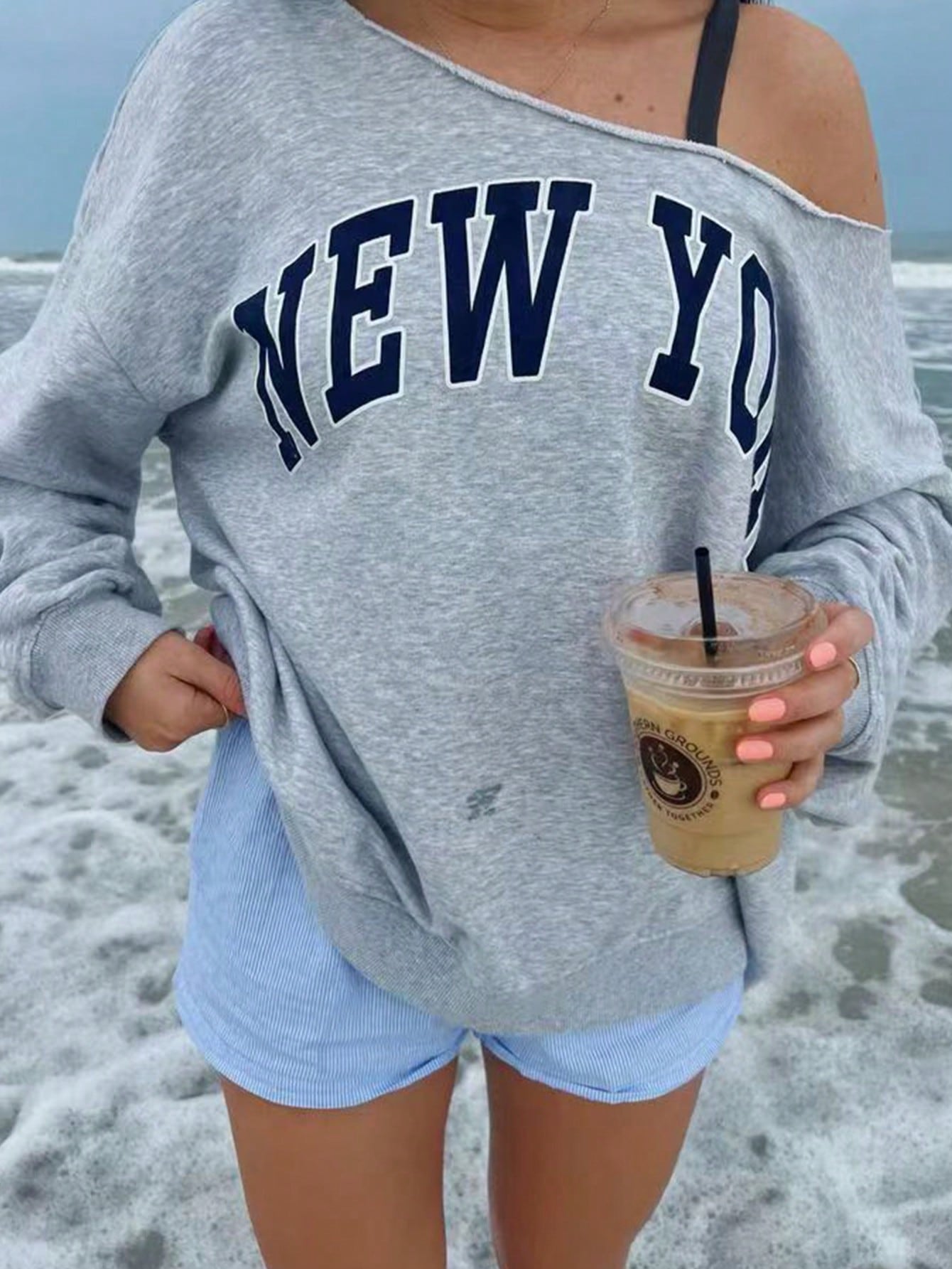 Women's Simple Print Open Shoulder Long Sleeve Sweatshirt