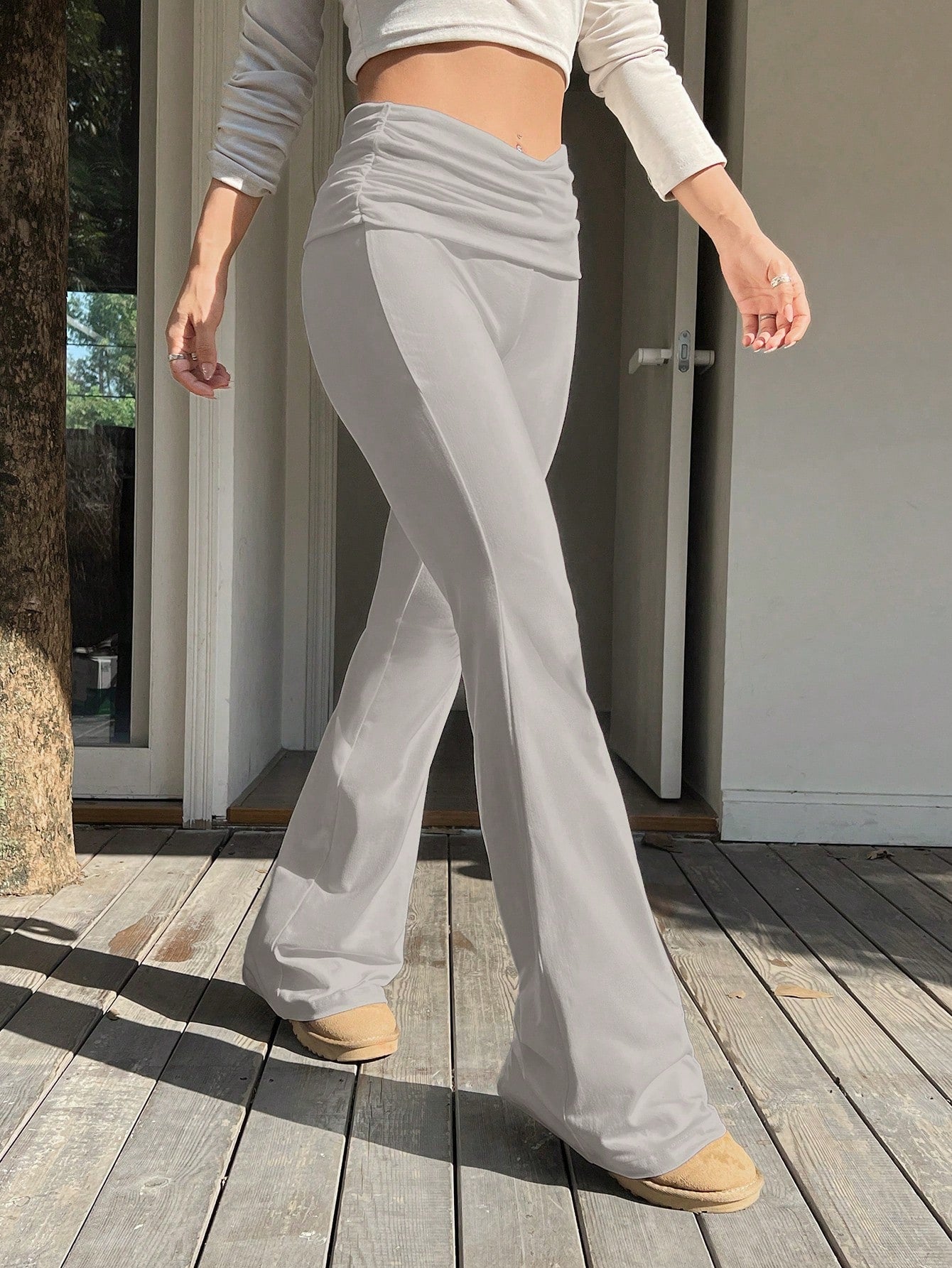 Spring White Y2k Solid Ruched Flare Leg Pants Flare Leggings