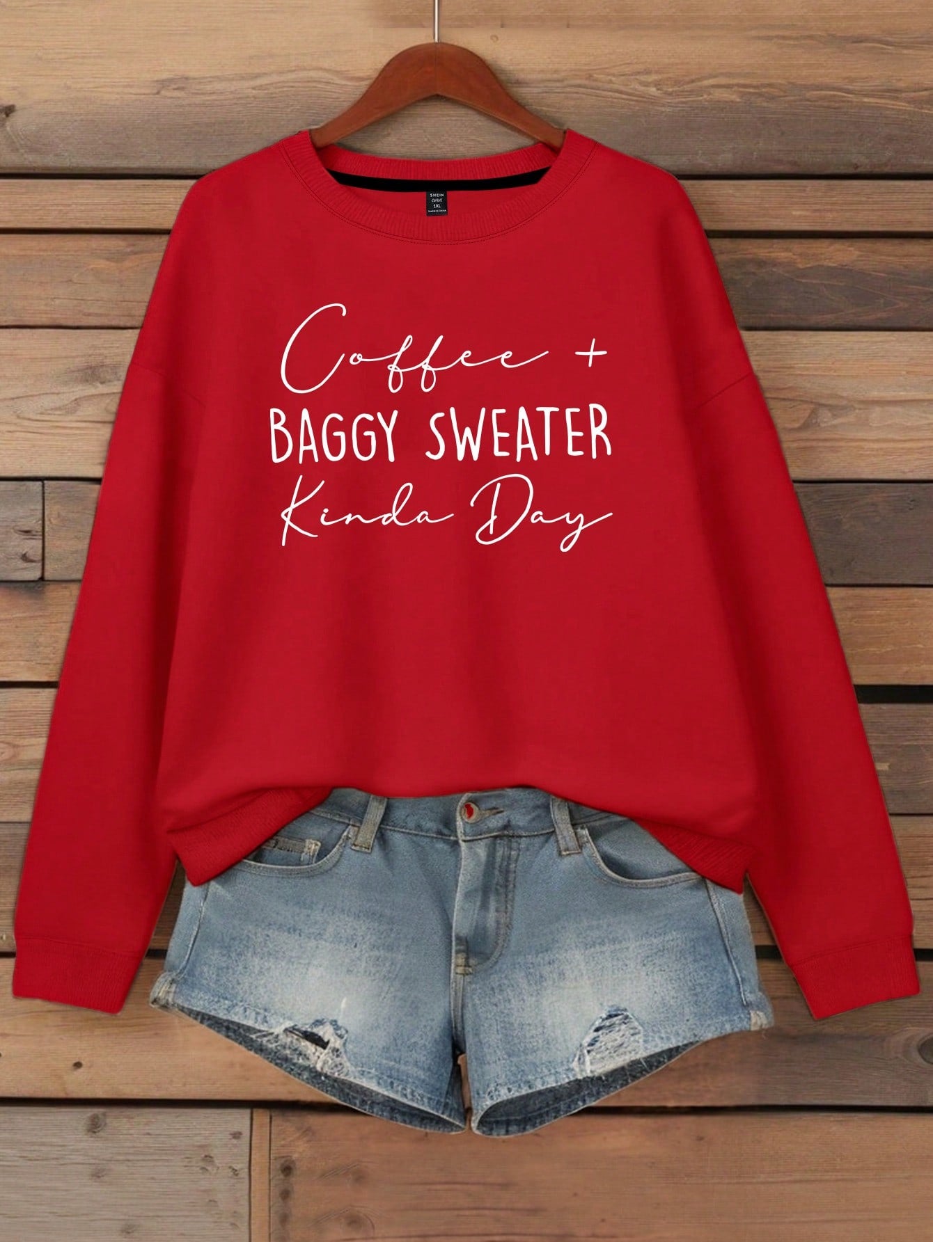 Women's Letter Printed Round Neck Hoodie Coffee  Baggy Sweater Kinda Day