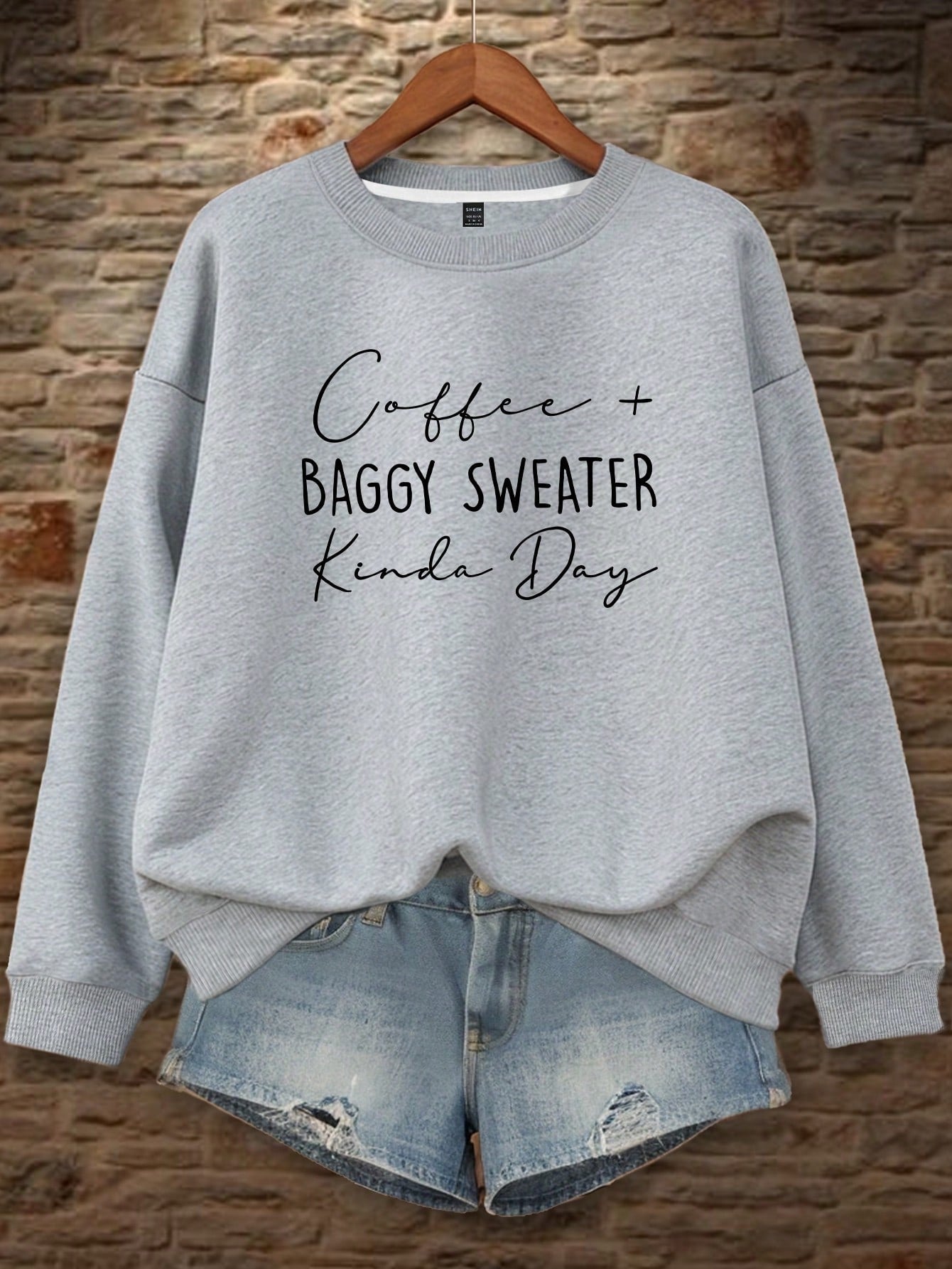 Women's Letter Printed Round Neck Hoodie Coffee  Baggy Sweater Kinda Day