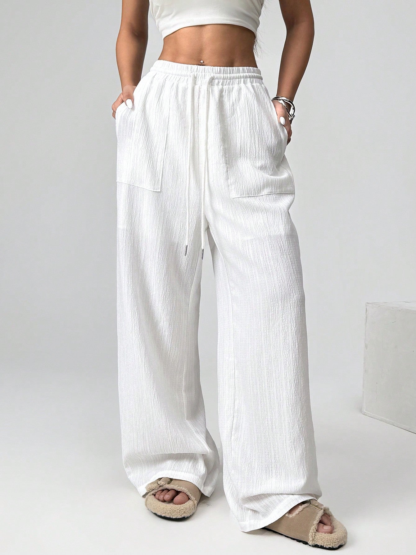 Women's Drawstring Waist Pockets Wide Leg Loose Beige Casual Woven Long Pants