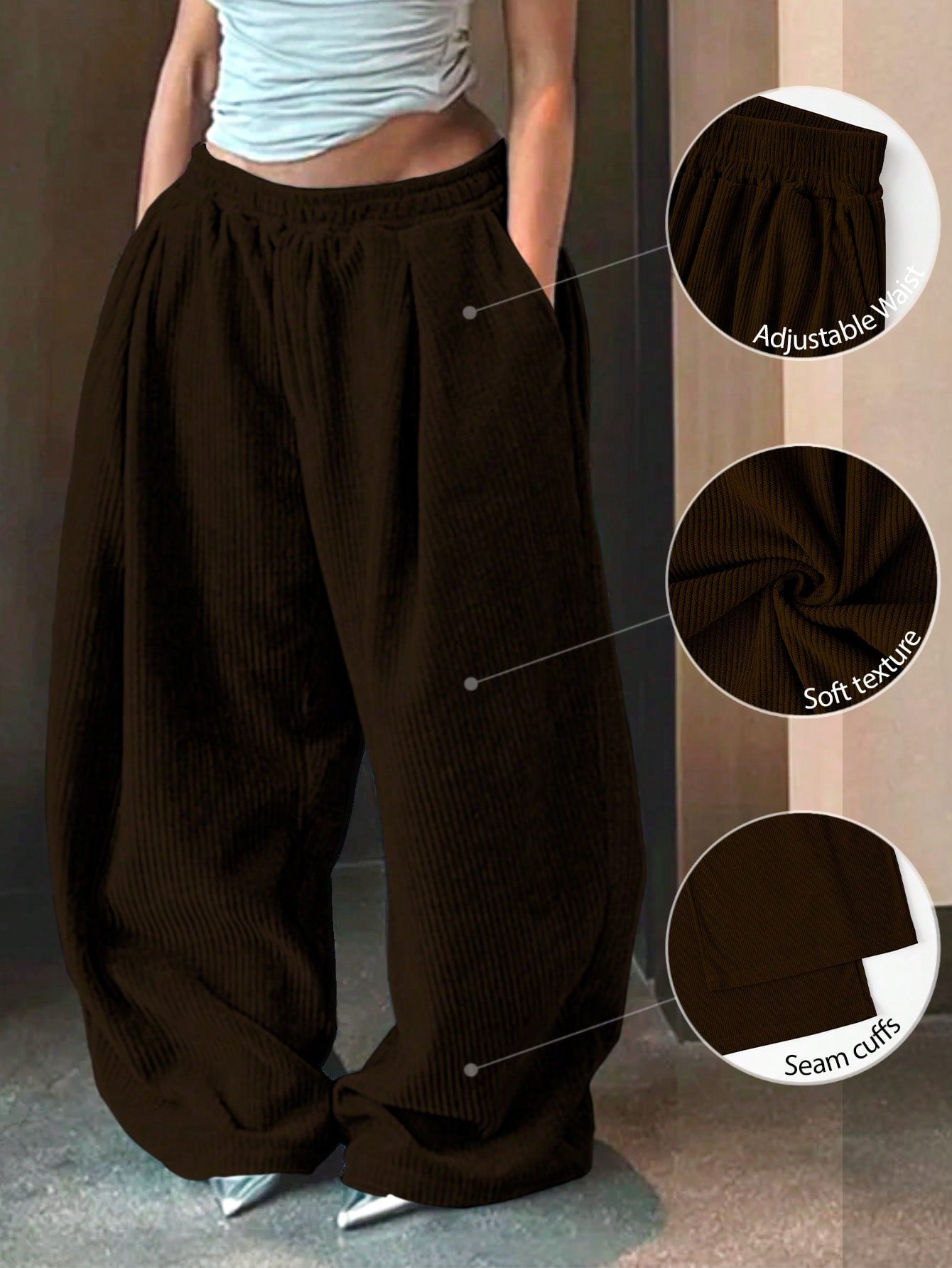 Women's Solid Color Simple Adjustable Waist Casual Baggy Pants