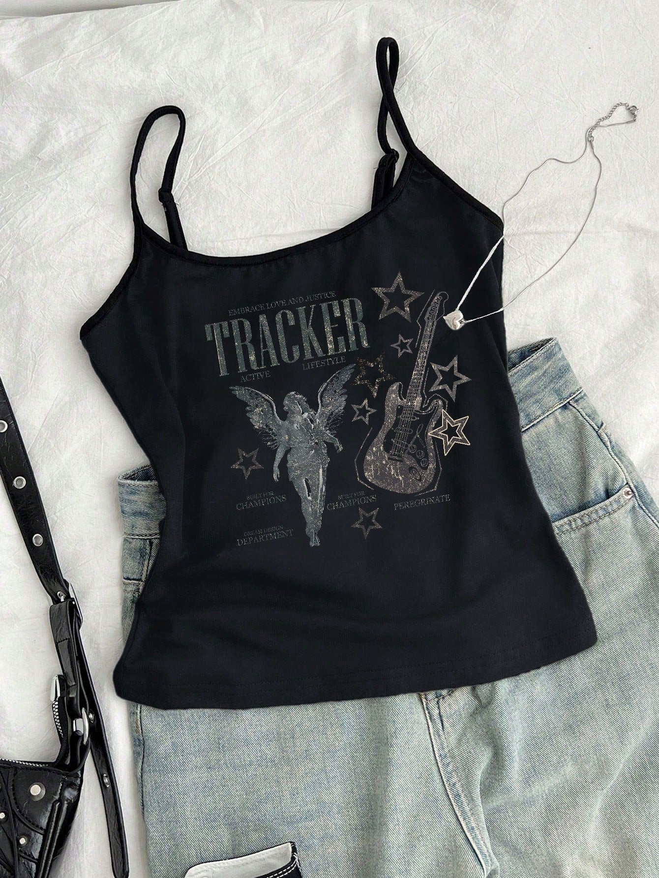 Casual Minimalist Guitar Angel Print Cami Tank Top For Women, Suitable For Summer Music Festivals