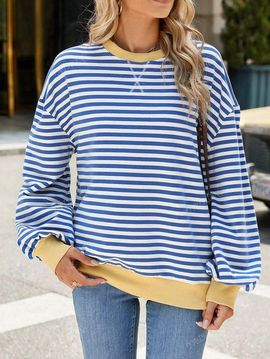 Loose Fit Striped & Floral Print Crew Neck Long Sleeve Patchwork T-Shirt Sweatshirt, Casual Spring/Autumn