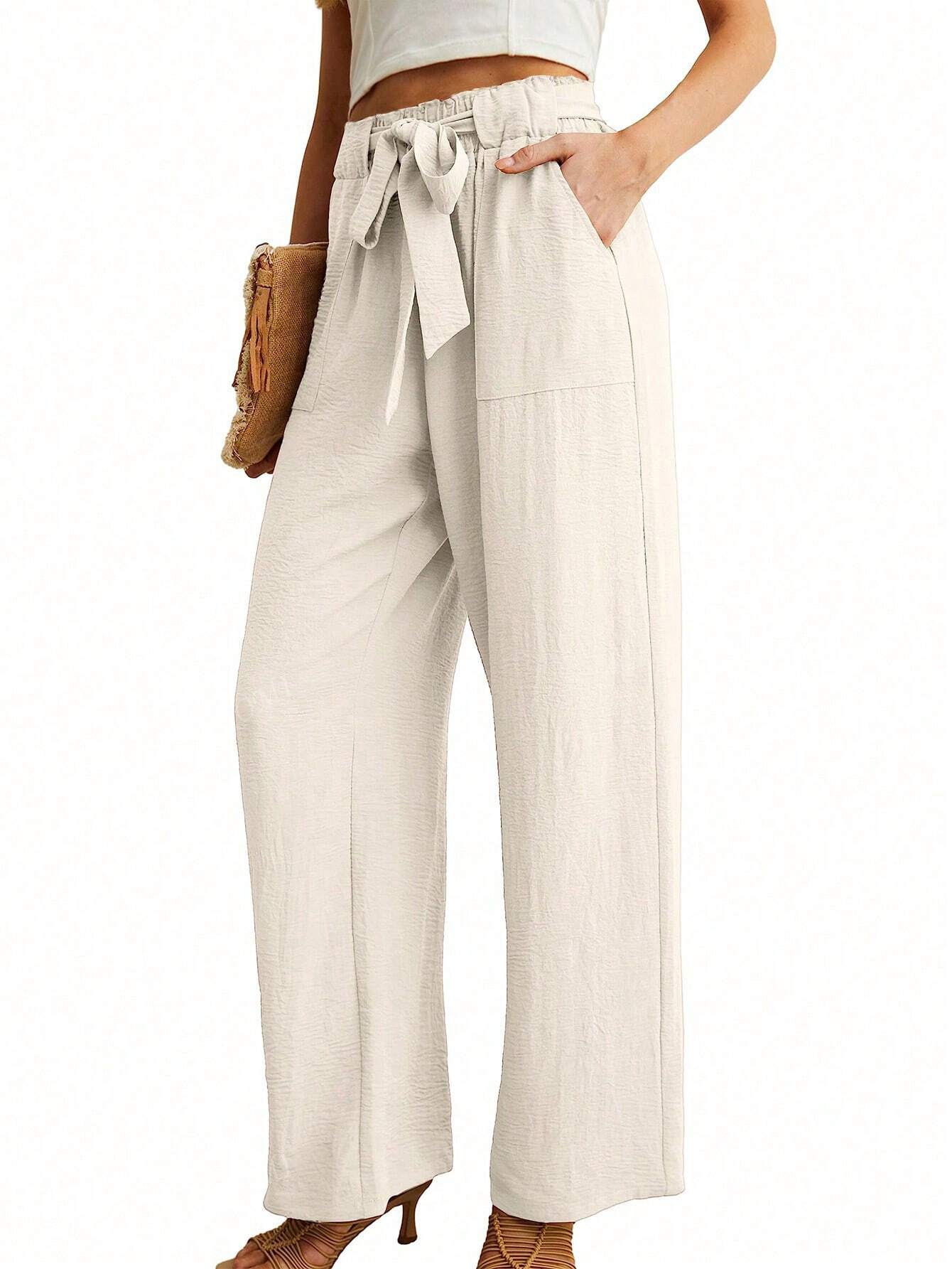 Women's High Waist Adjustable Wide Leg Pants With Pockets, Loose Casual Business Trousers