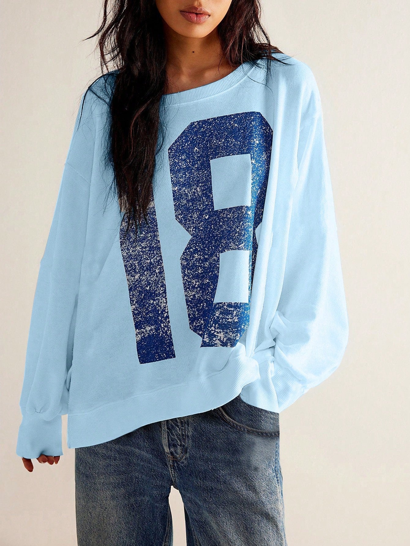 Numeric Print Round Neck Pullover Sweatshirt Fall Women Clothing